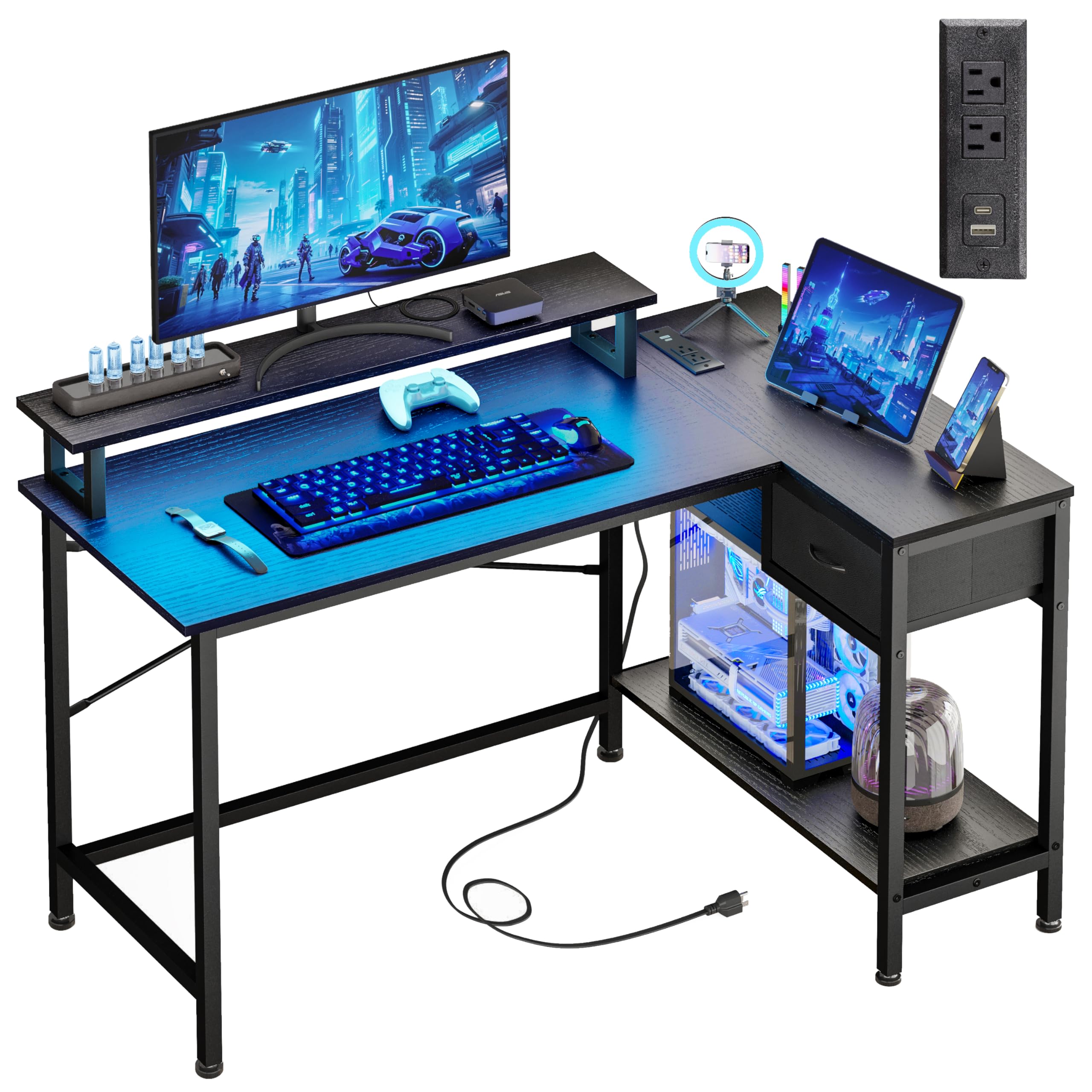 Fixwal Gaming Desk for Bedroom L Shaped Small Corner Computer Desk with Power Outlets and LED Lights, PC Desk, Home Office Desks with Drawer, Writing Desk Study Desk, BlackThe Forest Stewardship Council