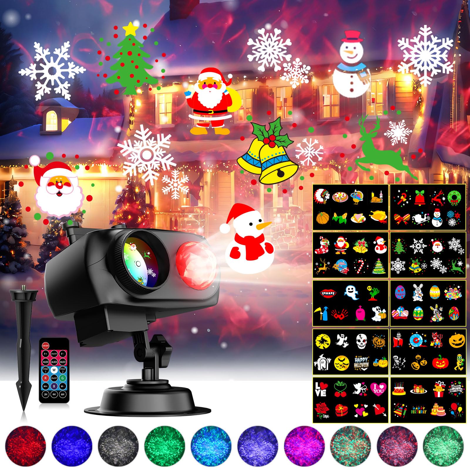 Projektor Weihnachten Aussen, 80Muster 10Farben Wasserwellen Projektor Weihnachten Wasserdichte, Weihnachts Projektor Außen mit Fernbedienung&Timer für Weihnachten Halloween Weihnachtsdeko