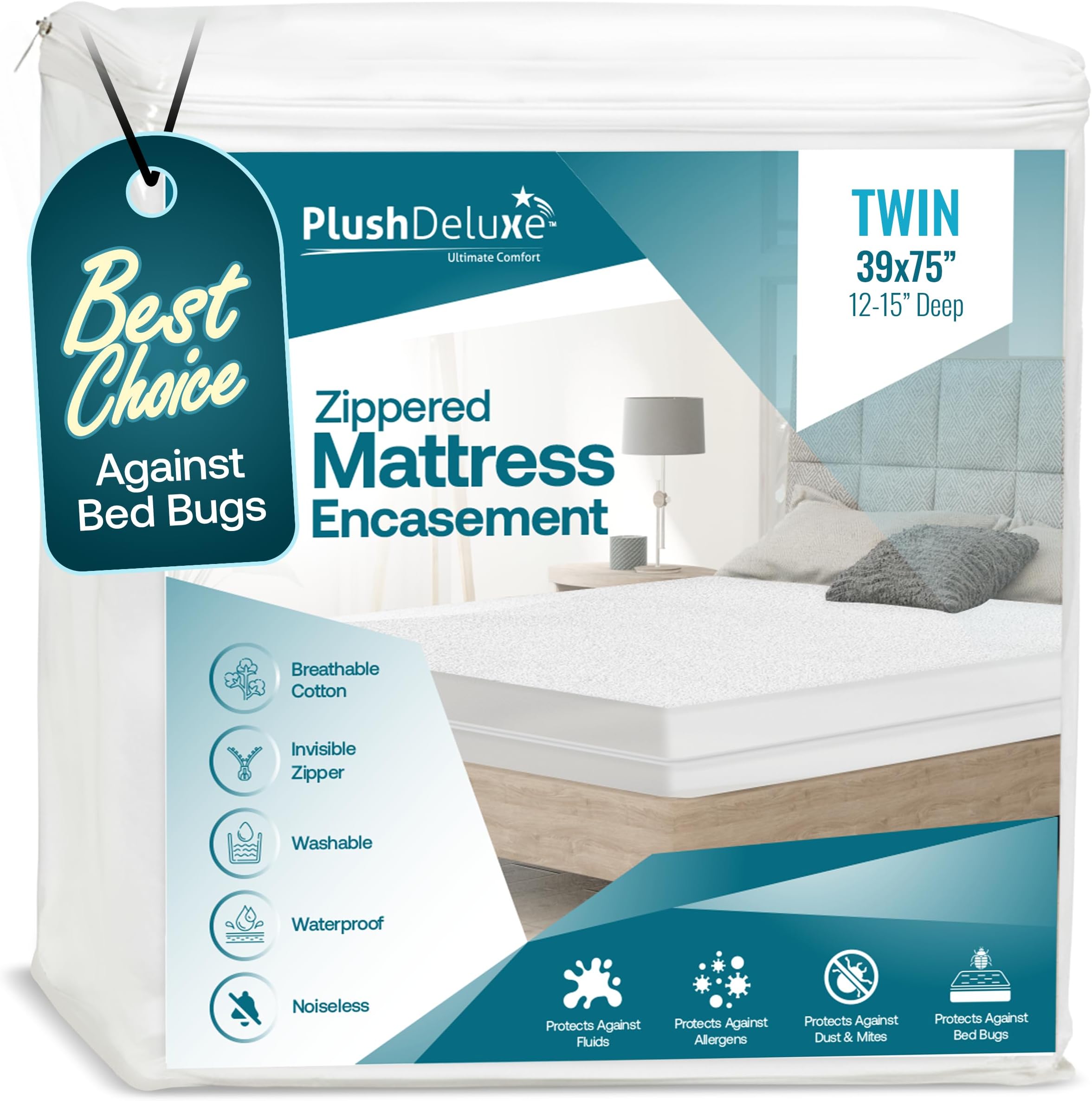 PlushDeluxe Zippered Mattress Encasement, Waterproof, Bed Bug & Dust Mite Proof 6-Sided Protector Cover, (Fits 9-12 Inches H) Twin