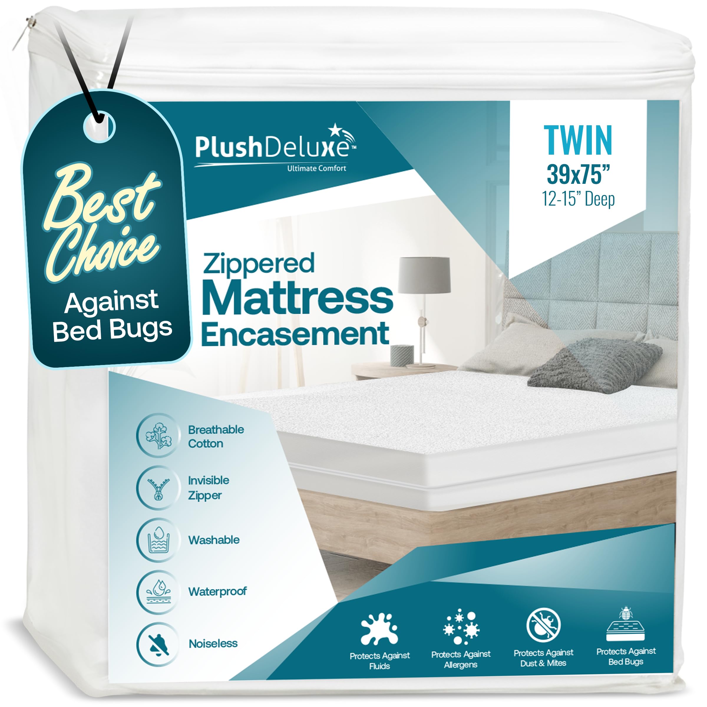 PlushDeluxe Zippered Mattress Encasement, Waterproof, Bed Bug & Dust Mite Proof 6-Sided Protector Cover, (Fits 9-12 Inches H) Twin