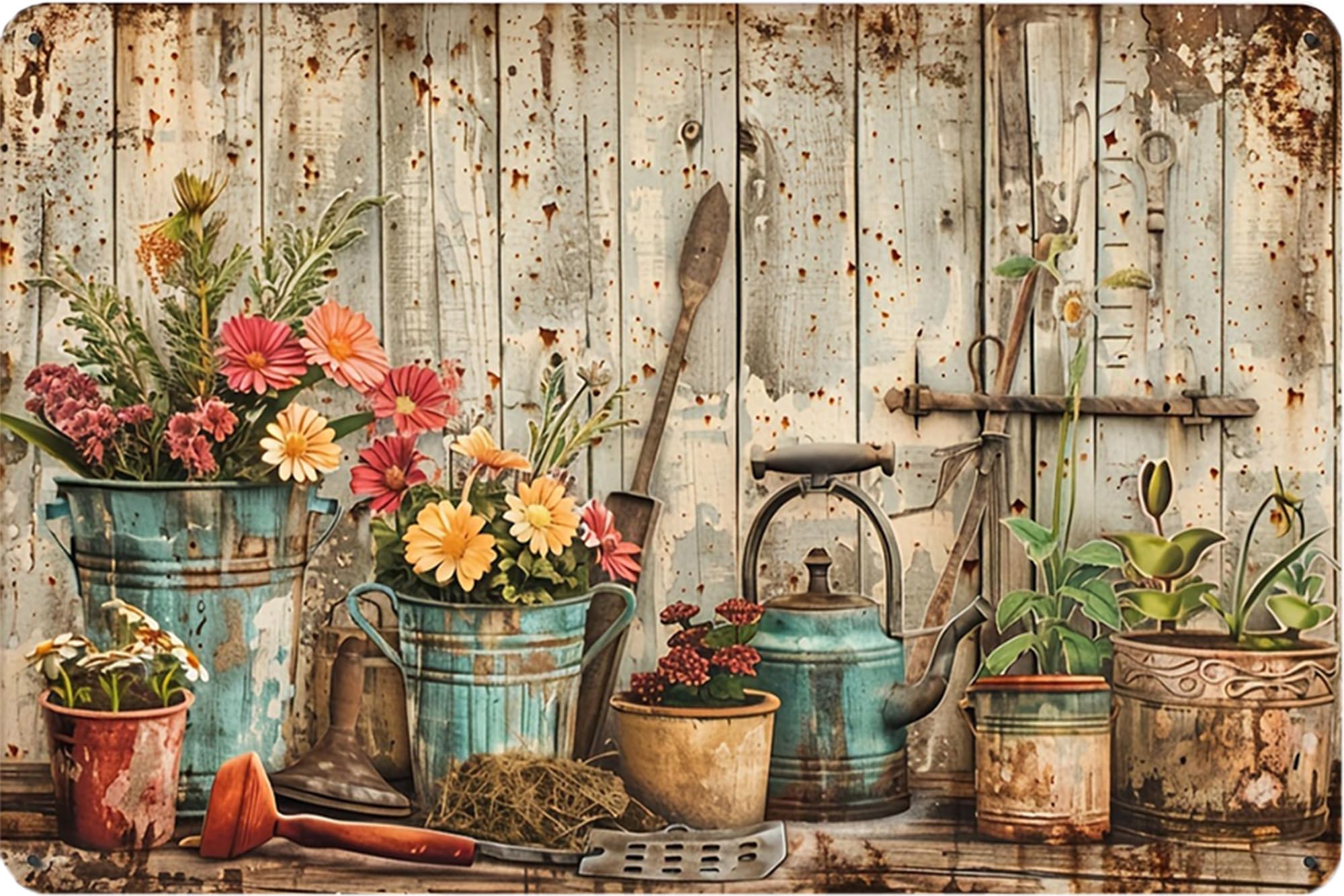 Nianxi Rustic Garden Tools & Plants Retro Flower Metal Sign,Vintage Garden Tin Sign,For Home Greenhouse Yard Outdoor Cottage Bedroom Decor,Gardening Gifts 8X12 Inch (Rustic Garden Tools & Plants)