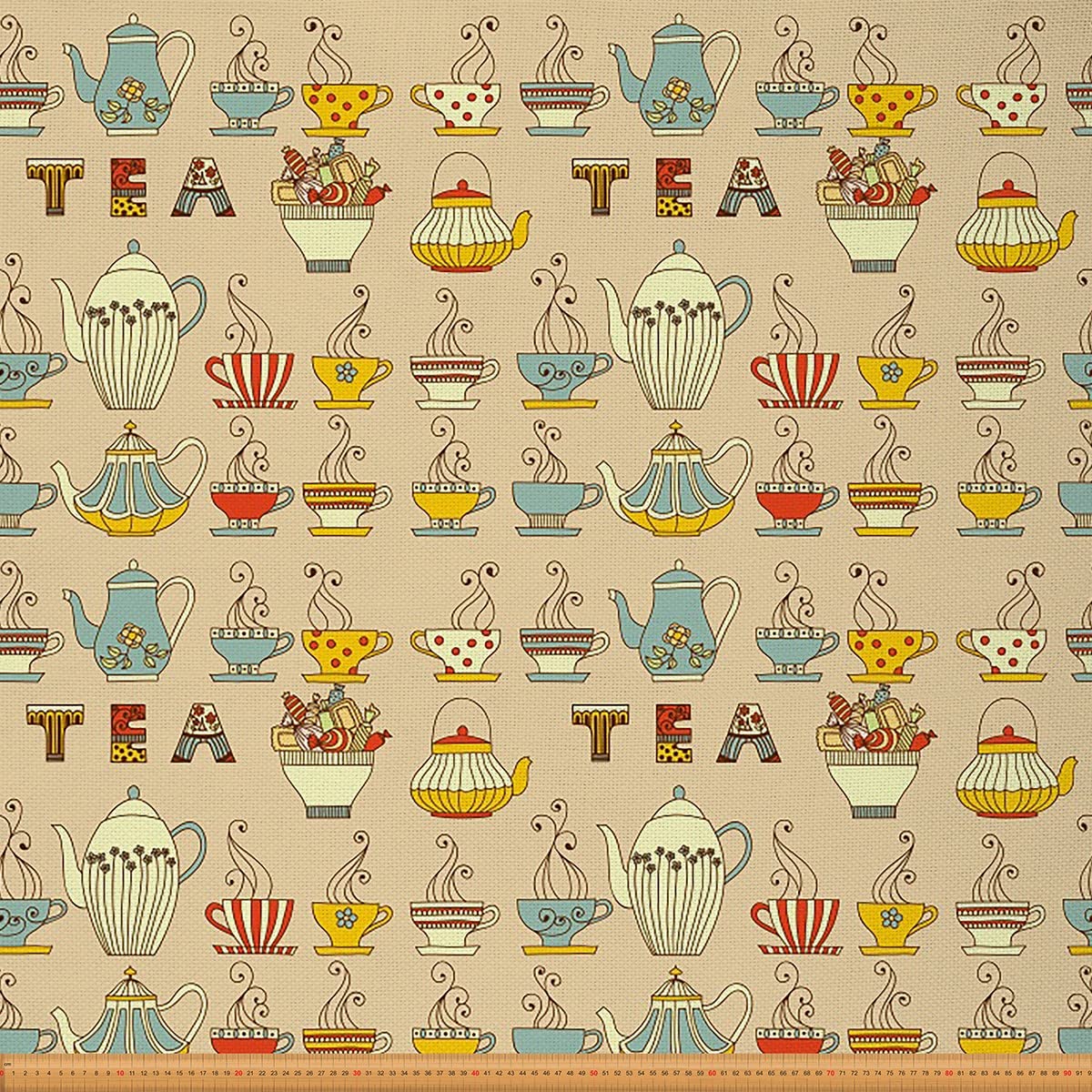 Loussiesd Tea Cups and Teapots Fabric by The Yard - Colorful Floral Upholstery for Chairs, Sofa - Vintage Style Afternoon Tea Outdoor Waterproof Fabric - 2 Yard (L184*W150cm) Yellow Blue