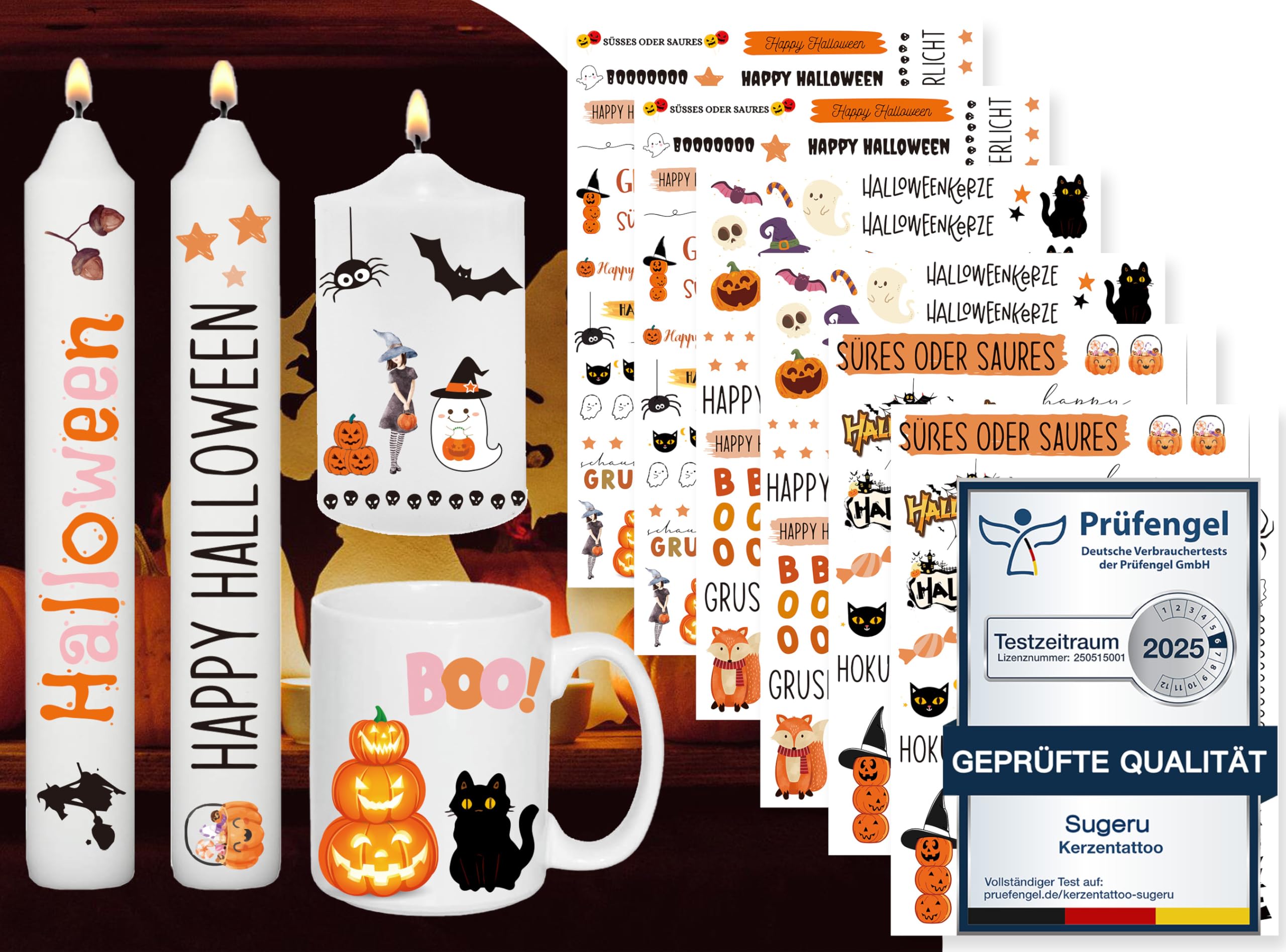 Sugeru Pack of 6 Candle Tattoos (200+ Patterns), Water Transfer Printing | Water Slide Film Candles | Candle Stickers | Decorate Candles | Sayings & Pictures Relax for Gift (Halloween I)
