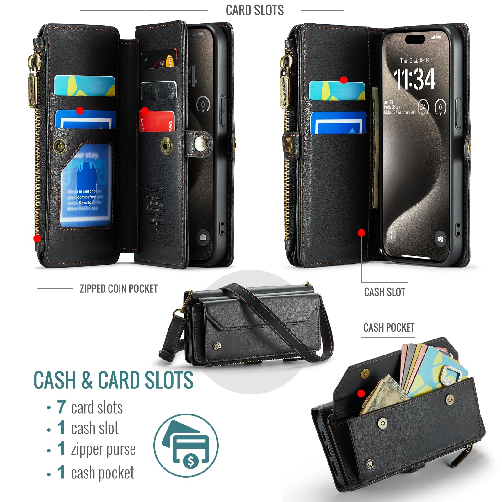 Unichthy For iPhone 16 Pro Max Case for Women with Crossbody Strap + Wrist Strap Shockproof Premium Leather Flip Wallet Handbag Zip Purse 5 Card Slots Clutch Bag for iPhone 16 Pro Max Black - Image 4
