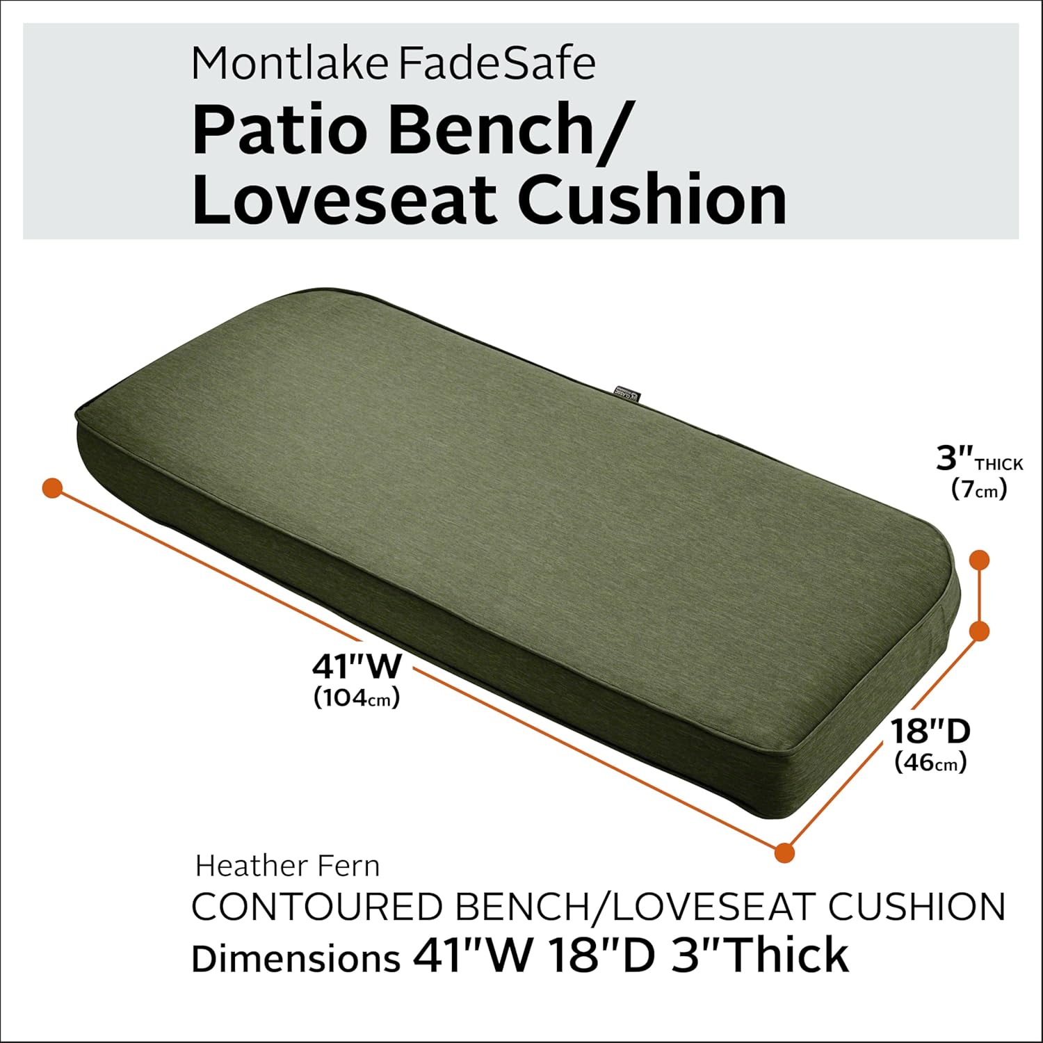 Classic Accessories Montlake FadeSafe Water-Resistant 41 x 18 x 3 Inch Contoured Outdoor Bench Cushion, Heather Fern