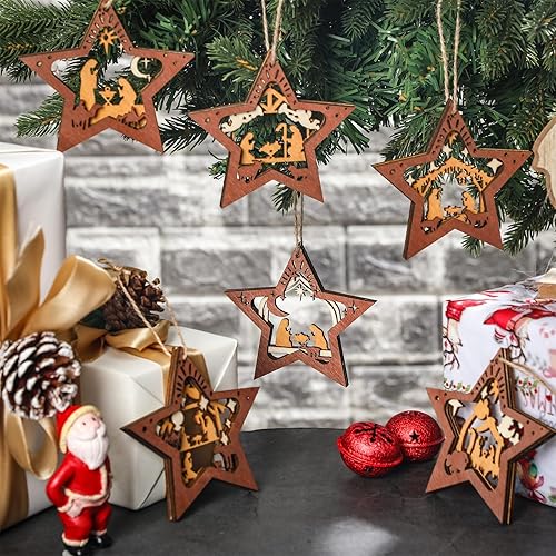 Miniatura 4 de Bucherry 6 piezas de adornos de madera de Navidad a granel, adornos cristianos religiosos de Jesús 2025 para árbol de Navidad, regalos de belén,