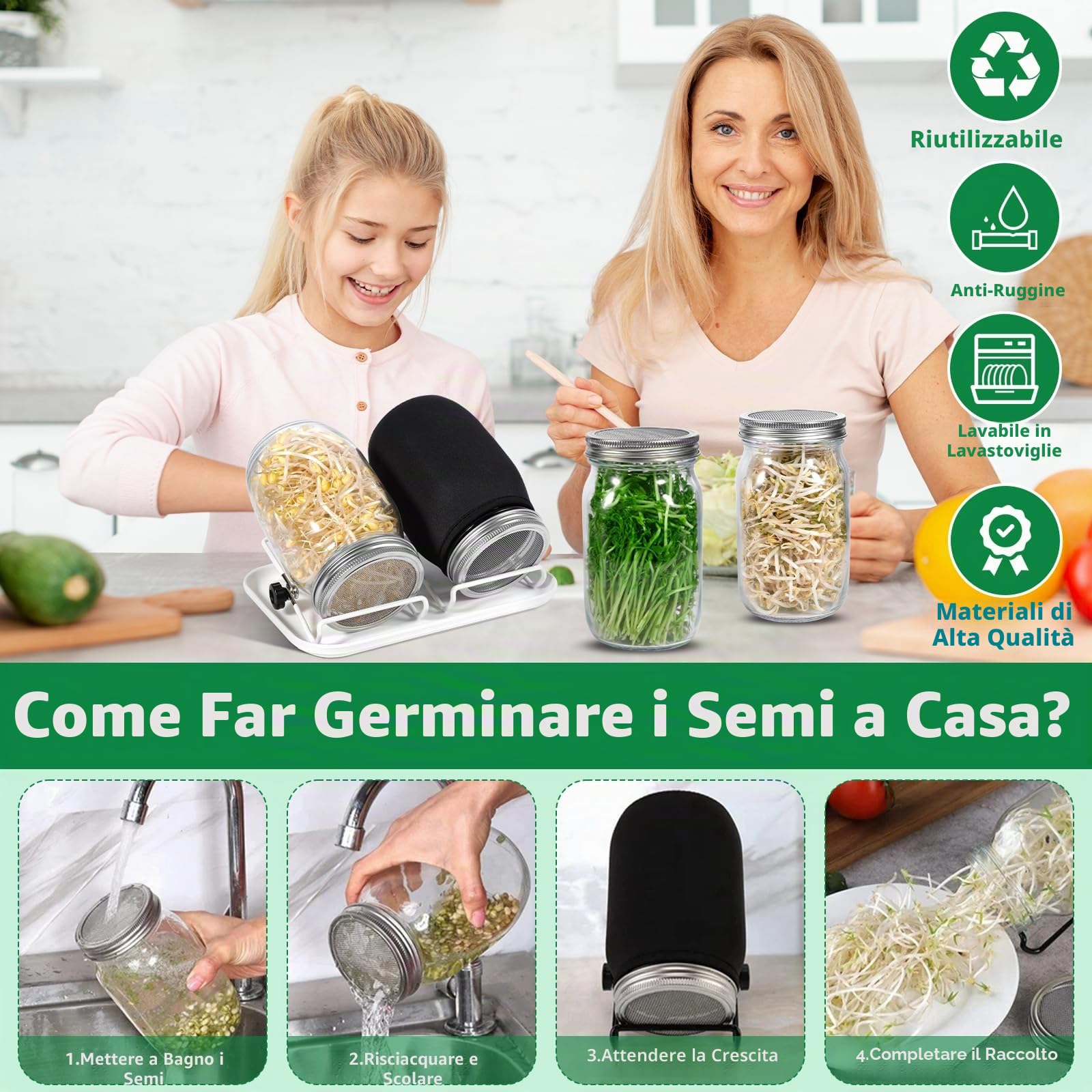 Barattolo Germogliatore Set,2 1000ml Germogliatore in Vetro, 2 Coperture, 2 Supporti e 1 Vassoio,2 Manicotti Oscuranti,1 Spazzola,Kit di Barattoli per Germogliamento di Semi per Broccoli Germ