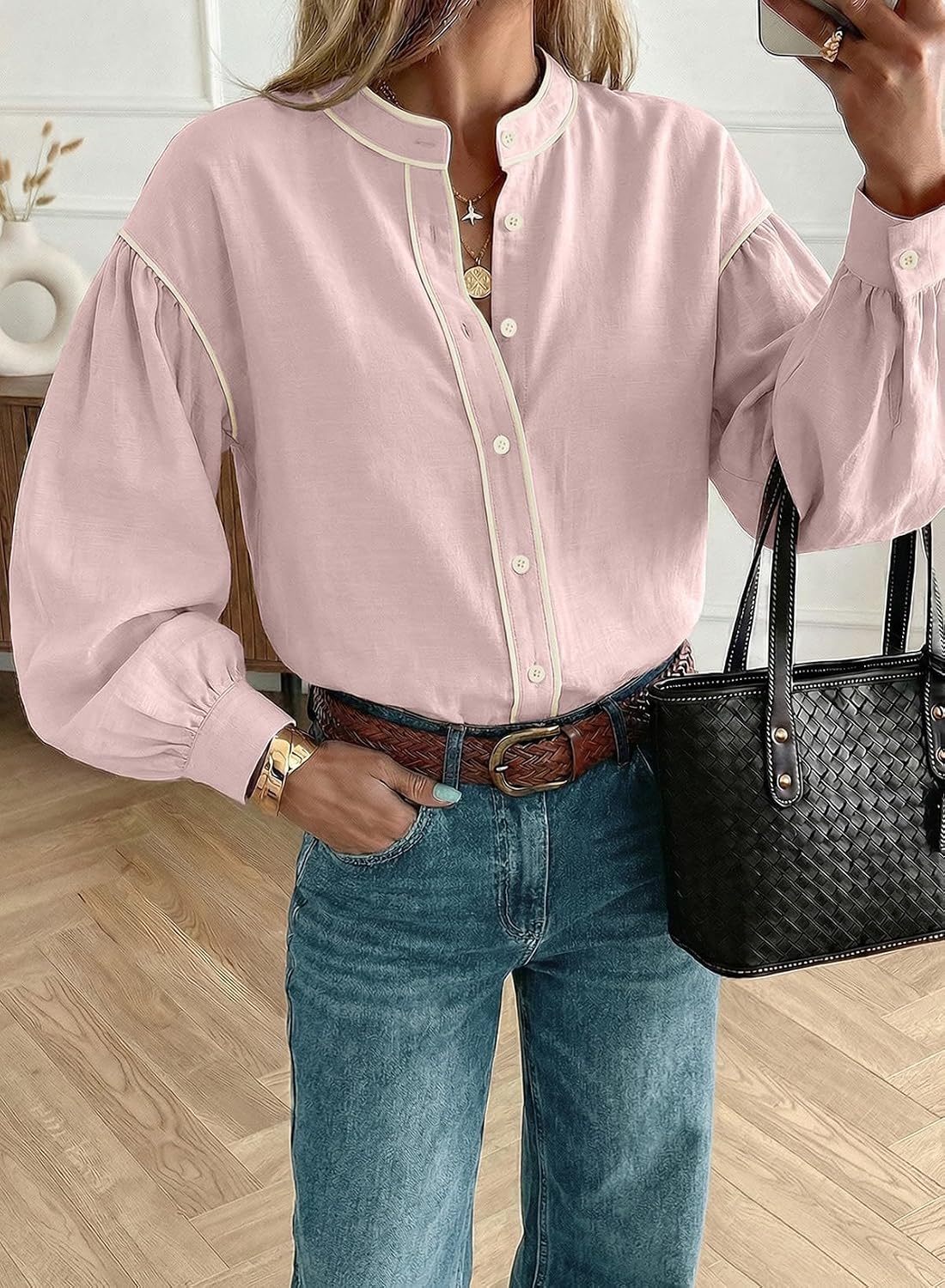 Dokotoo Button Down Shirts for Women Lantern Long Sleeve Blouses Contrast Trim Dressy Casual Tops Outfits