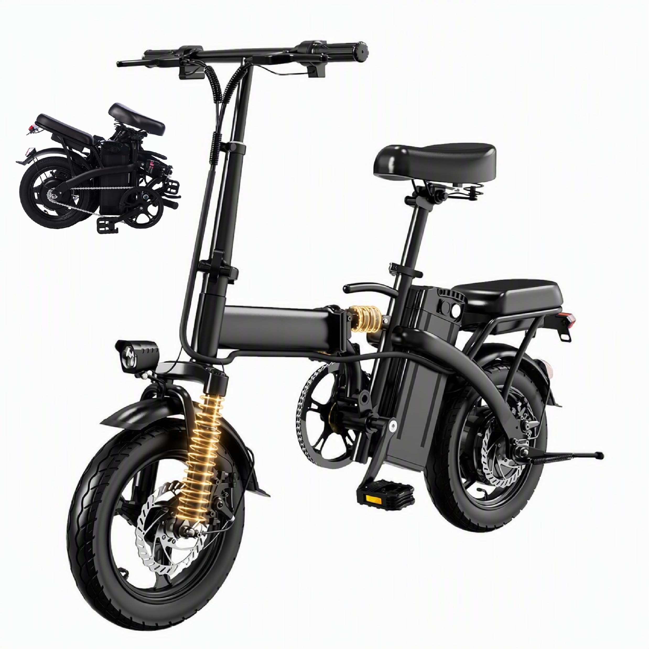 14-inch Folding Electric Bicycle, 330 Pound Load-bearing Capacity, 19 Mph, 18-28mile Range, 48V Lithium Battery, Front Headlight & Disc Brake, Alloy Steel Frame, City Commuting, Sturdy Structure,
