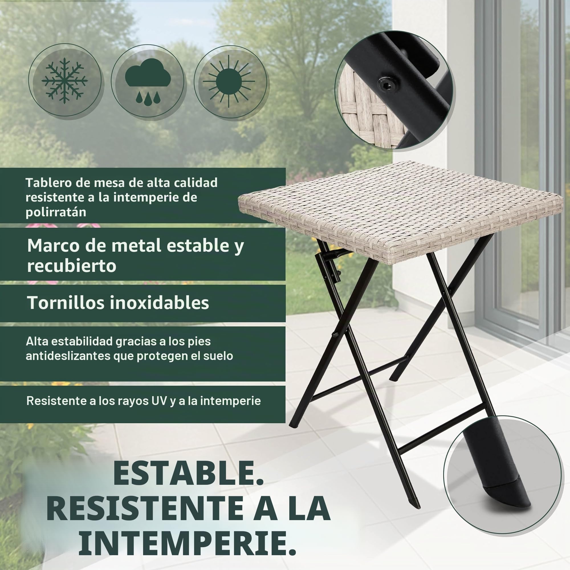 BRUBAKER Mesa de Jardín Lugano - Mesa de Balcón 58 x 58 cm Impermeable - Mesa Auxiliar Plegable de Poliratán y Metal - Mesa de Camping Cuadrada para Balcón, Terraza - Mesa Bistro - Gris Beige