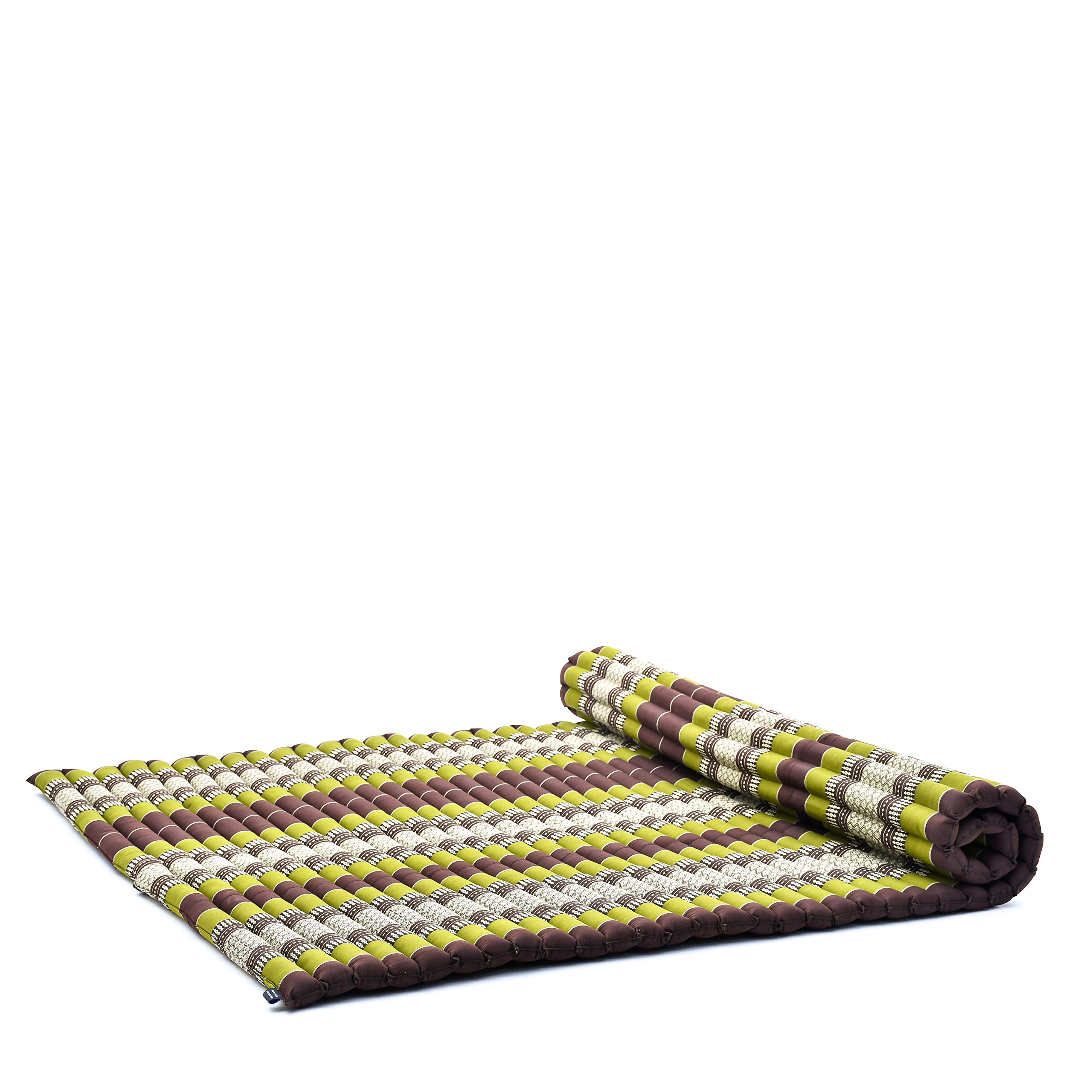 Leewadee - Foldable Floor Mattress - Japanese Roll Up Futon -Trifold Tatami Mat- Guest Floor Bed - Camping Mattress - Thai Massage Mat, Kapok Filled, 75 x 57 inches, Brown Green