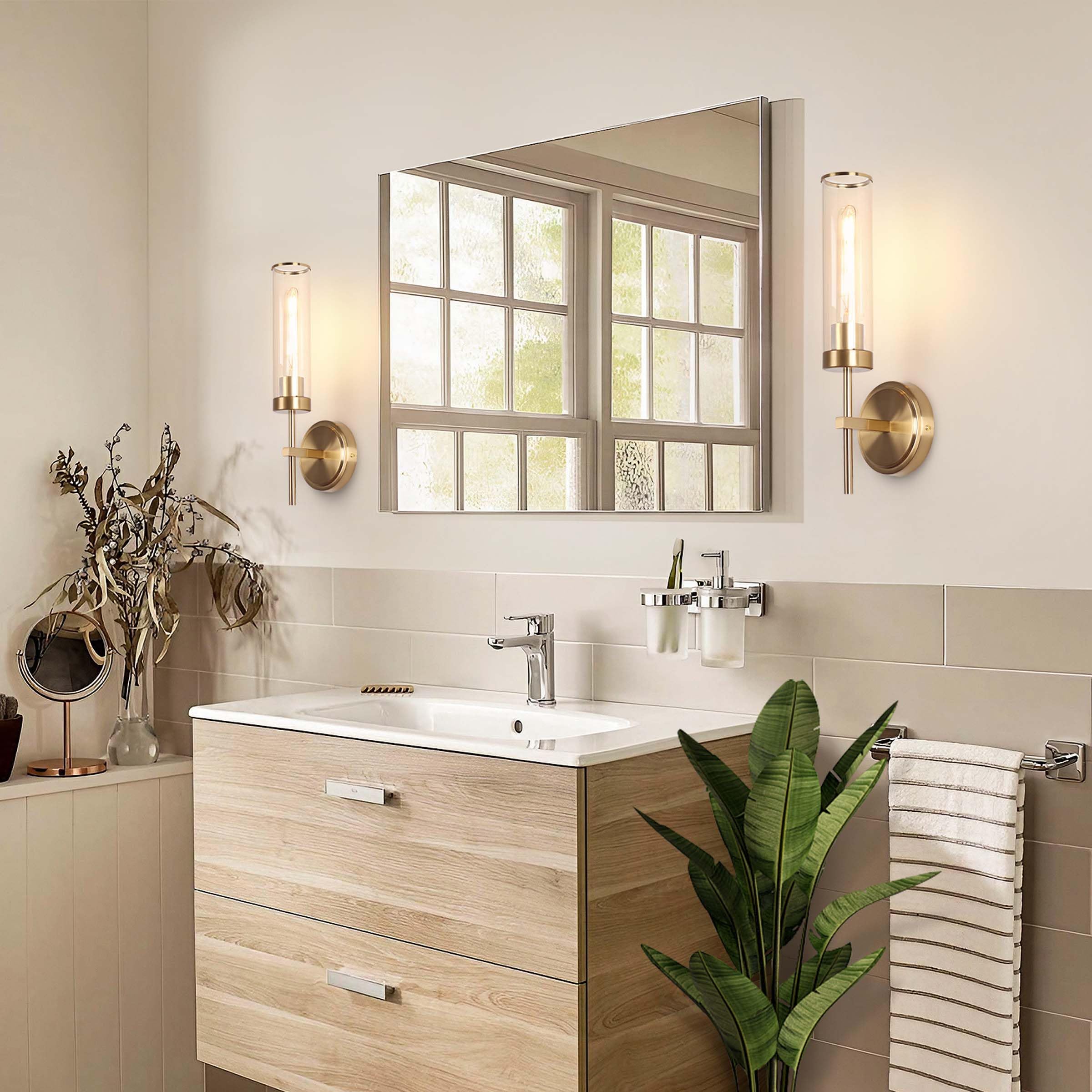 Juego de dos apliques de pared, modernos apliques de baño, iluminación de pared de 16 pulgadas, 60 W, apliques de pared dorados cepillados con pantalla de vidrio transparente para sala de 6