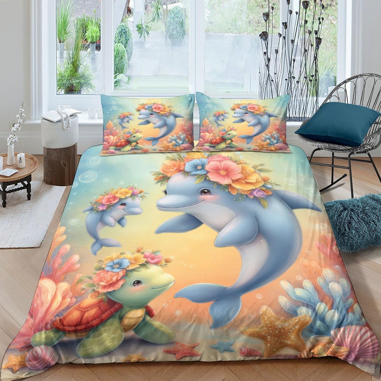 Ctjqhvkz Style-1 3D Printed Dolphin Ocean Fitted Sheet Microfiber Soft Floral Turtle Bed Cover For Bedroom Dorm Decor Single（135X200cm）