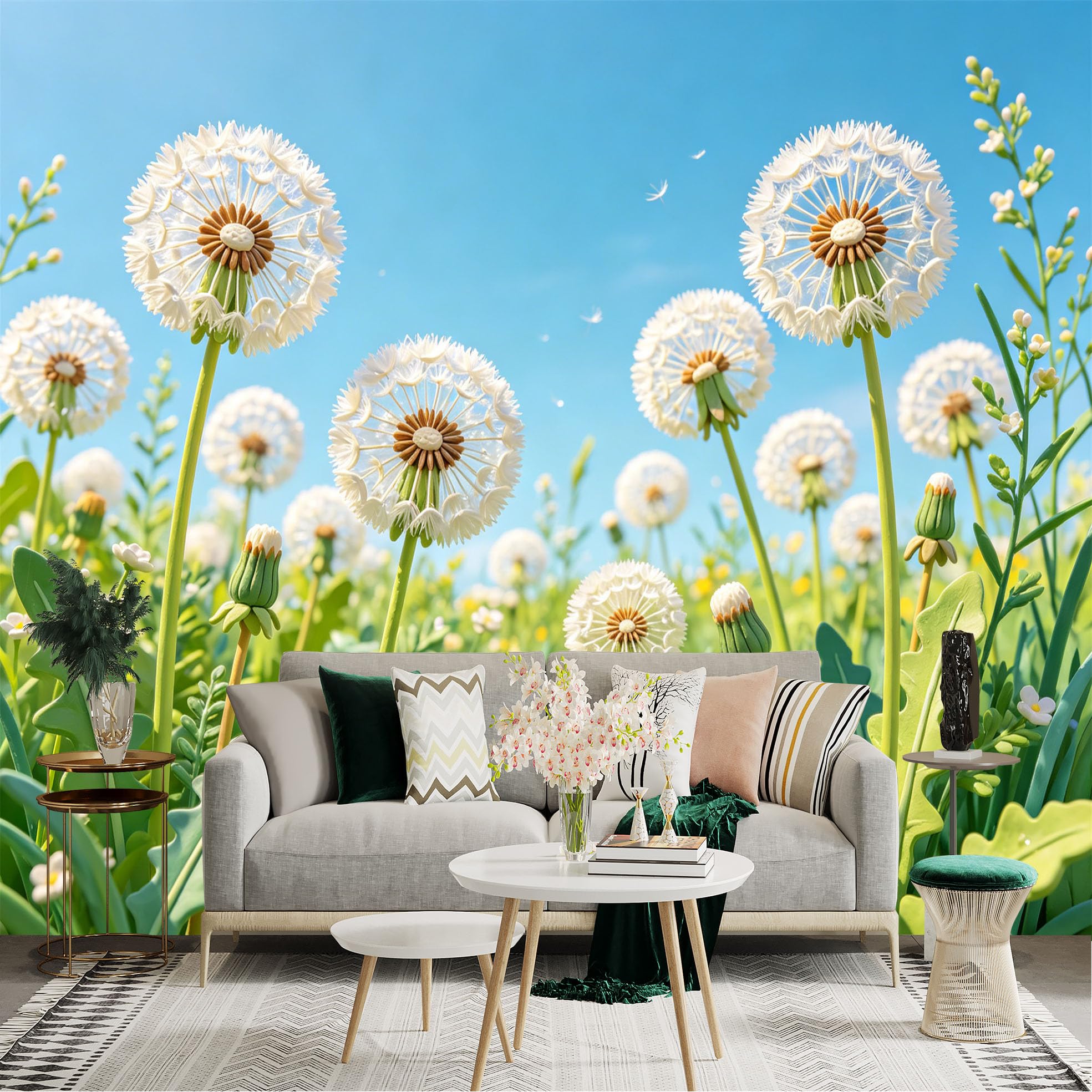 Lnzczhyre Dbh260521706 Custom Size Wall Sticker Mural， White Dandelion Flowers In Meadow， Bright Sunny Blue Sky， Natural Spring Floral Scenery， For Wall Decoration， Peelandstick Wall Decals.