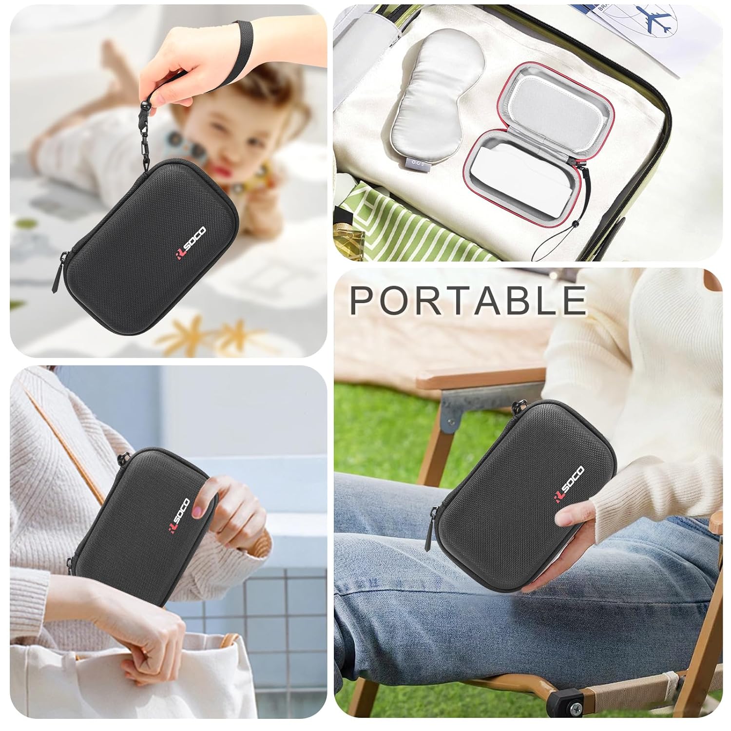 Collage of images showing the RLSOCO Hard Case being carried by hand, in a bag, and held while sitting
