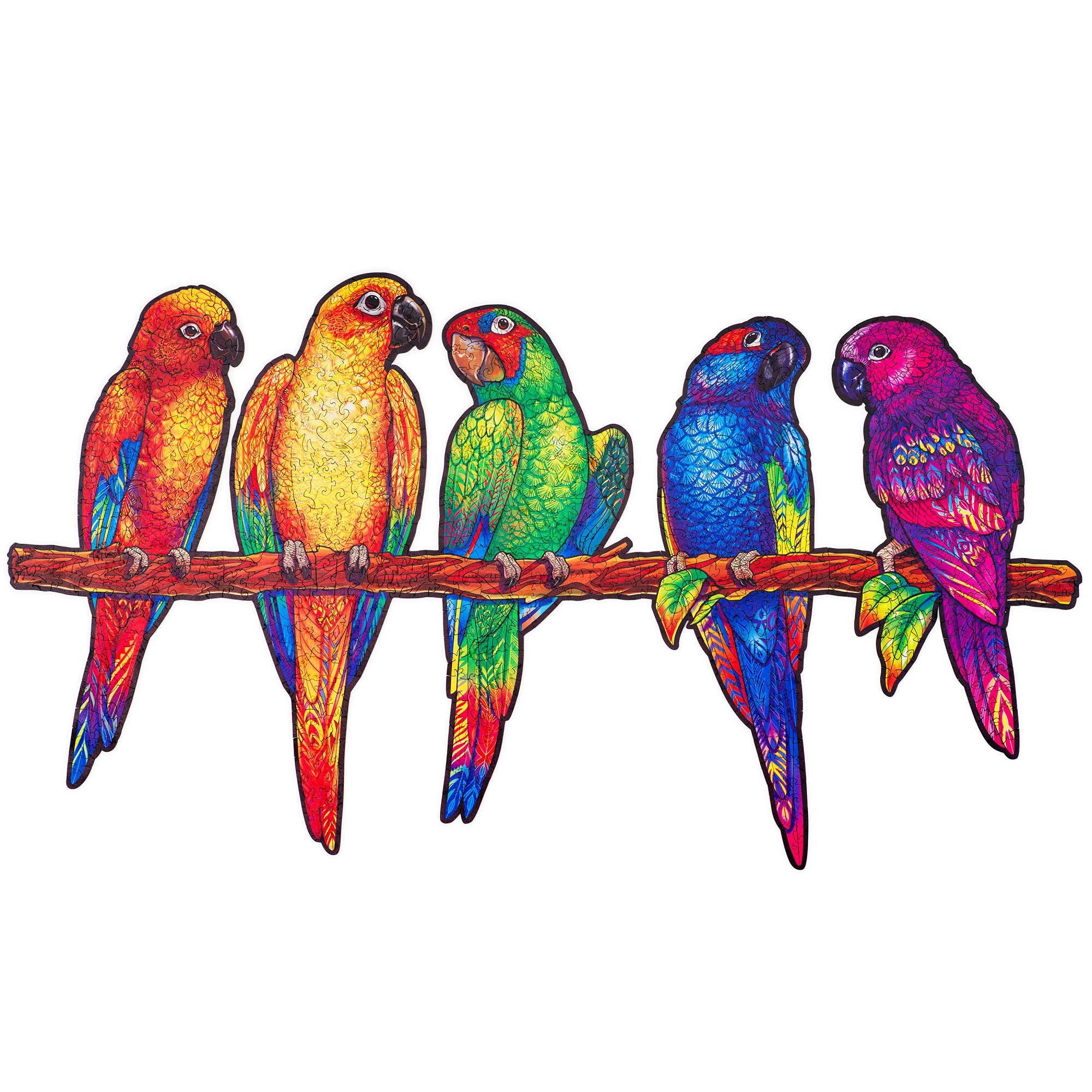 UNIDRAGON Original Wooden Jigsaw Puzzle - Playful Parrots, 620 pcs, Royal Size 28.4"x15.9", Unique Animal Shaped Puzzle Box, Birthday Gift Idea for Kids, Adults, Girls, Boys, Family Game and Hobby
