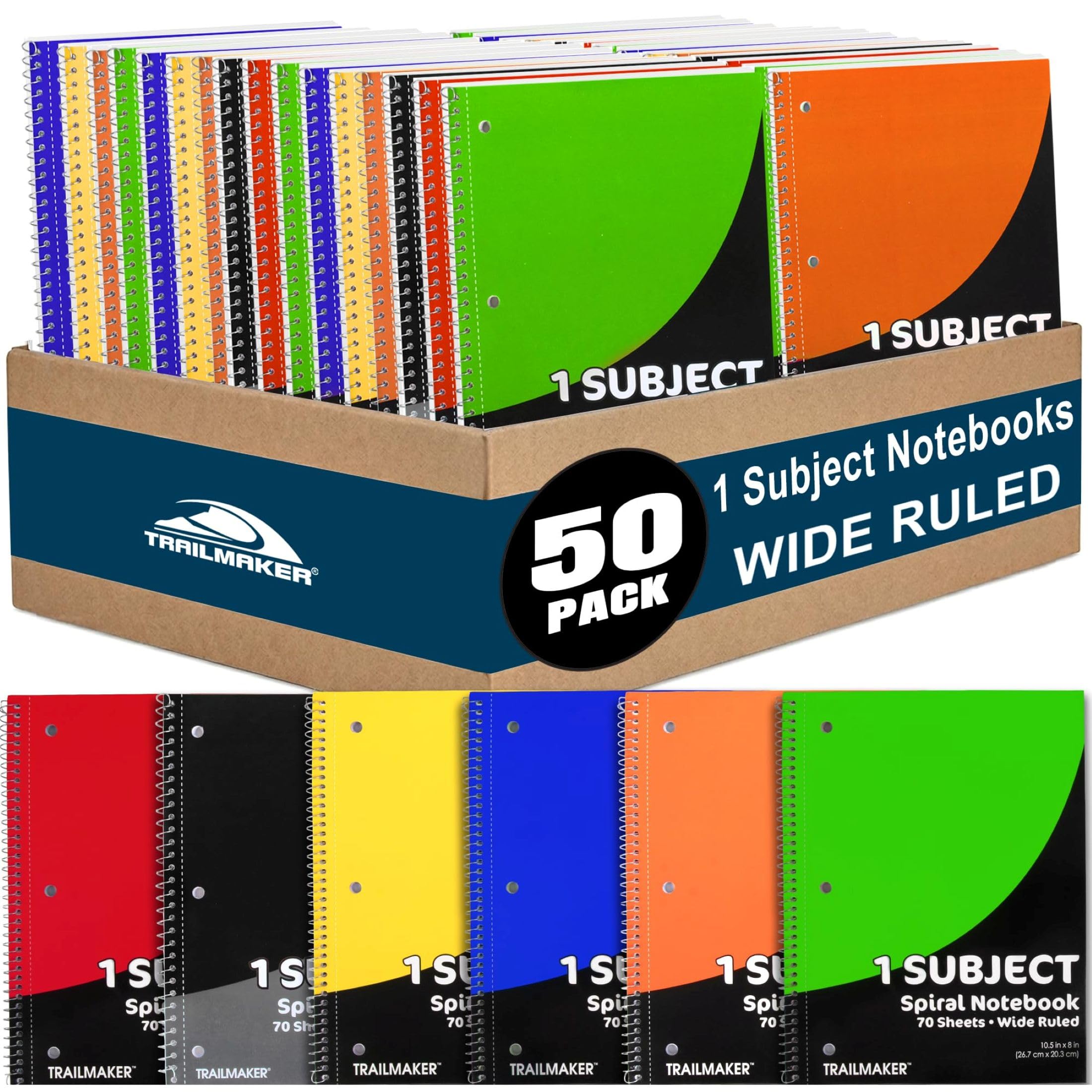Trail maker 50 Notizbücher – ein Fach, breit liniert, Großpackung, 70 Blatt, Notizbücher für Kinder, Schule, Journaling, Notizen, Studenten und Arbeit