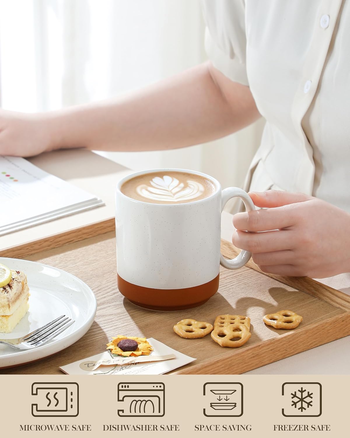 MALACASA 16oz Ceramic Coffee Mugs Set of 4, Stackable Coffee Cups with Straight-Sided Design, Mugs for Coffee, Latte, Tea, Hot Chocolate, Cappuccino and Cocoa, Microwave & Dishwasher Safe, Khaki White