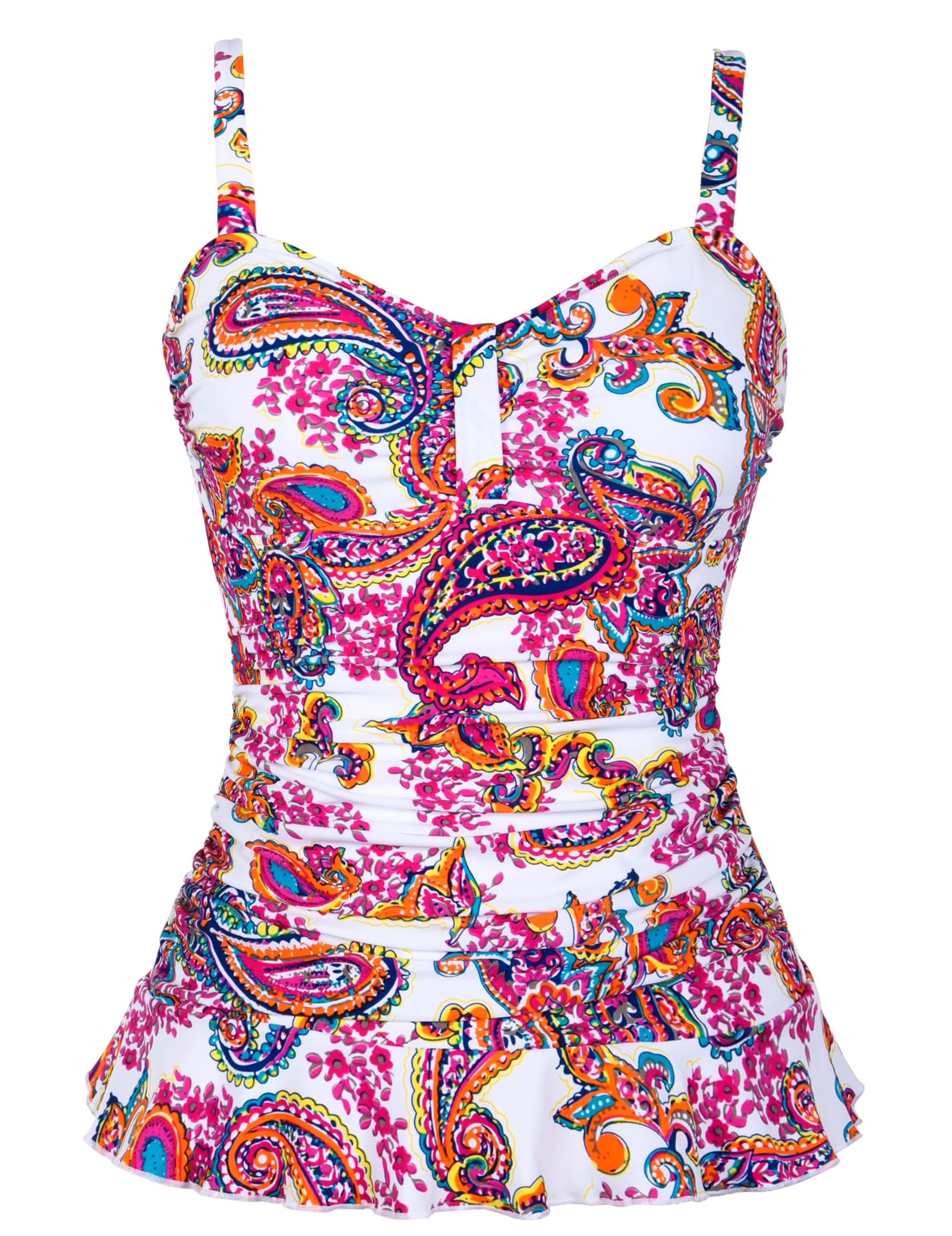 hilor Women's 50's Retro Ruched Tankini Swimsuit Top with Ruffle Hem Red Paisley 10-picture-31