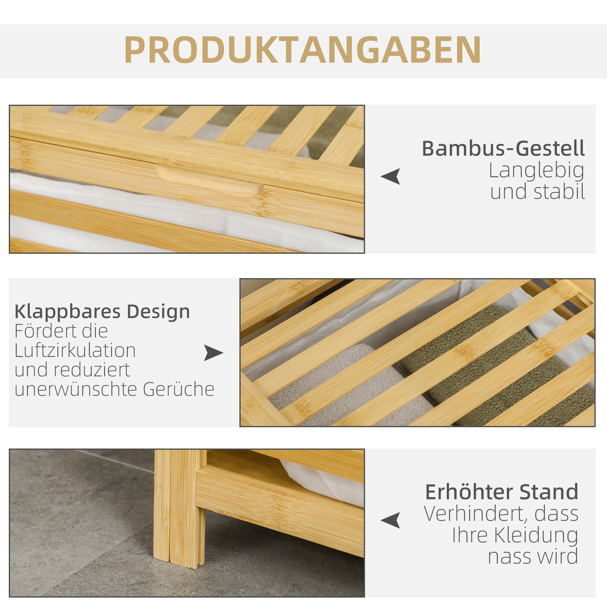 HOMCOM Kosz na pranie 55L z wiekiem do łazienki 50x36x60 cm naturalny