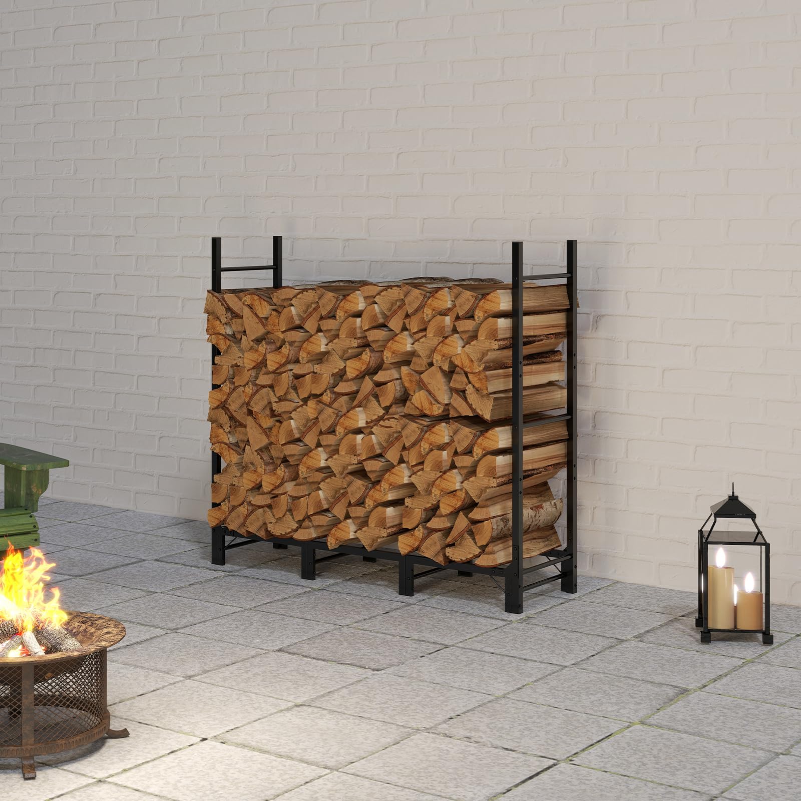 Helios&Hestia Scaffale per legna da ardere da esterno da 1,24 m, porta legna in acciaio resistente, organizer per pile di legno da interni, supporto regolabile, 124 x 35 x 115 cm, nero