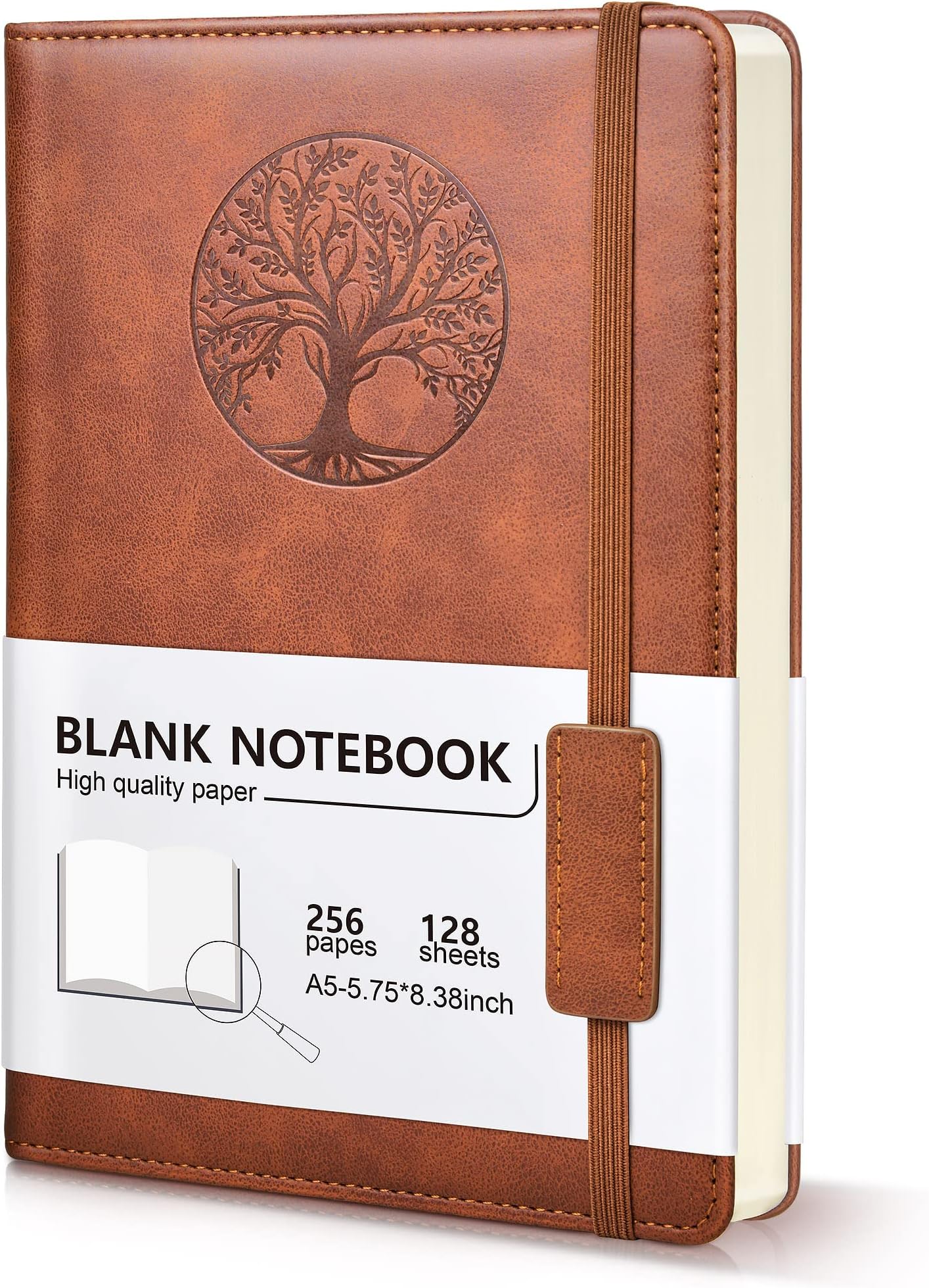 Blank Journal Notebook for Women Men, A5 Unlined Journal for Writing Sketchbook, Hardcover Leather Unruled Jouranl Notebook for Work with 256Pages Thick Paper for Writing(5.75'' X 8.38'' Brown)