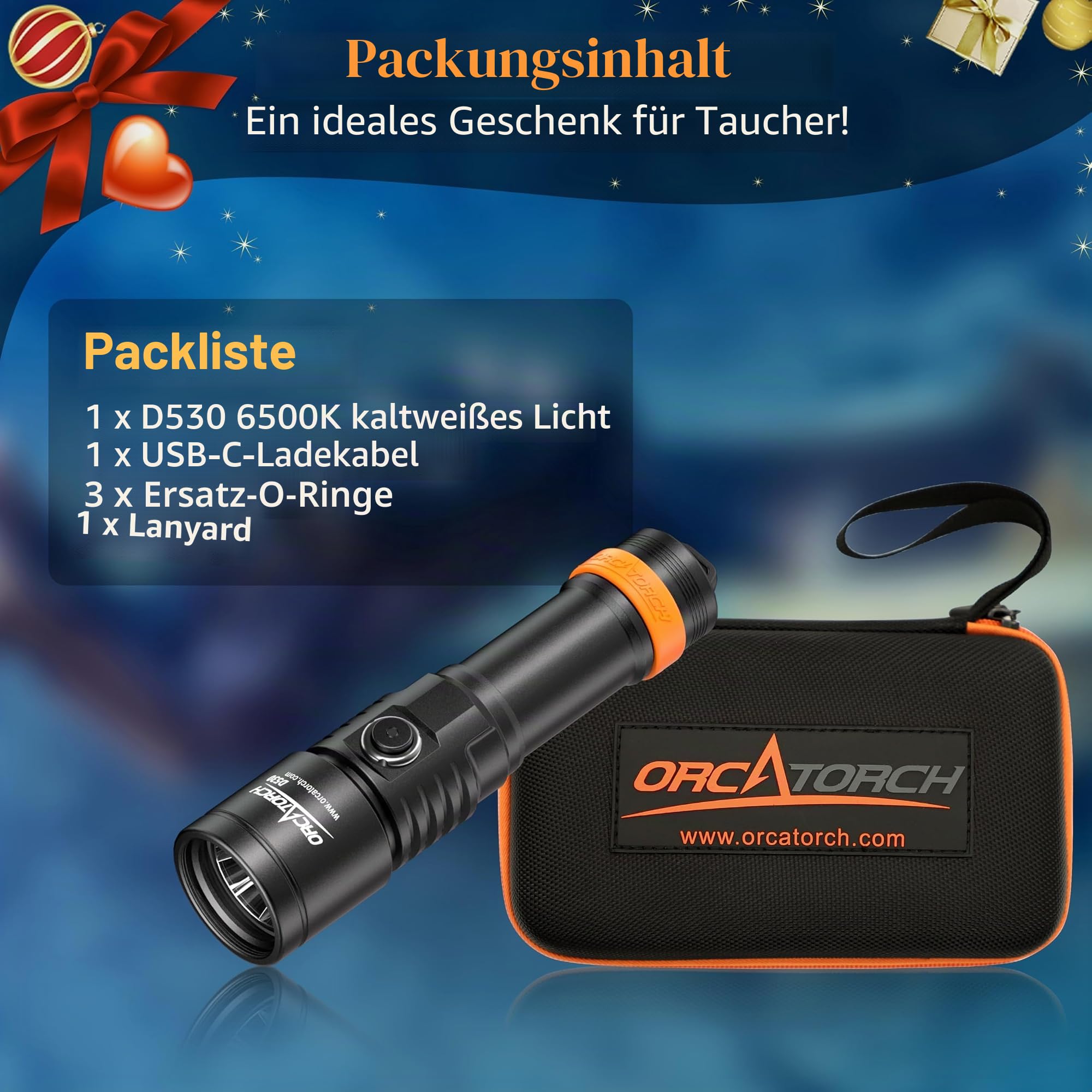 ORCATORCH D530 Tauchlampe 1500 Lumen, 7° Schmaler Punktstrahl, LED Unterwasser Taschenlampe mit Ladestandsanzeige für Nacht-, Höhlen- & Wracktauchen, 150m Wasserdicht Profi Tauchausrüstung