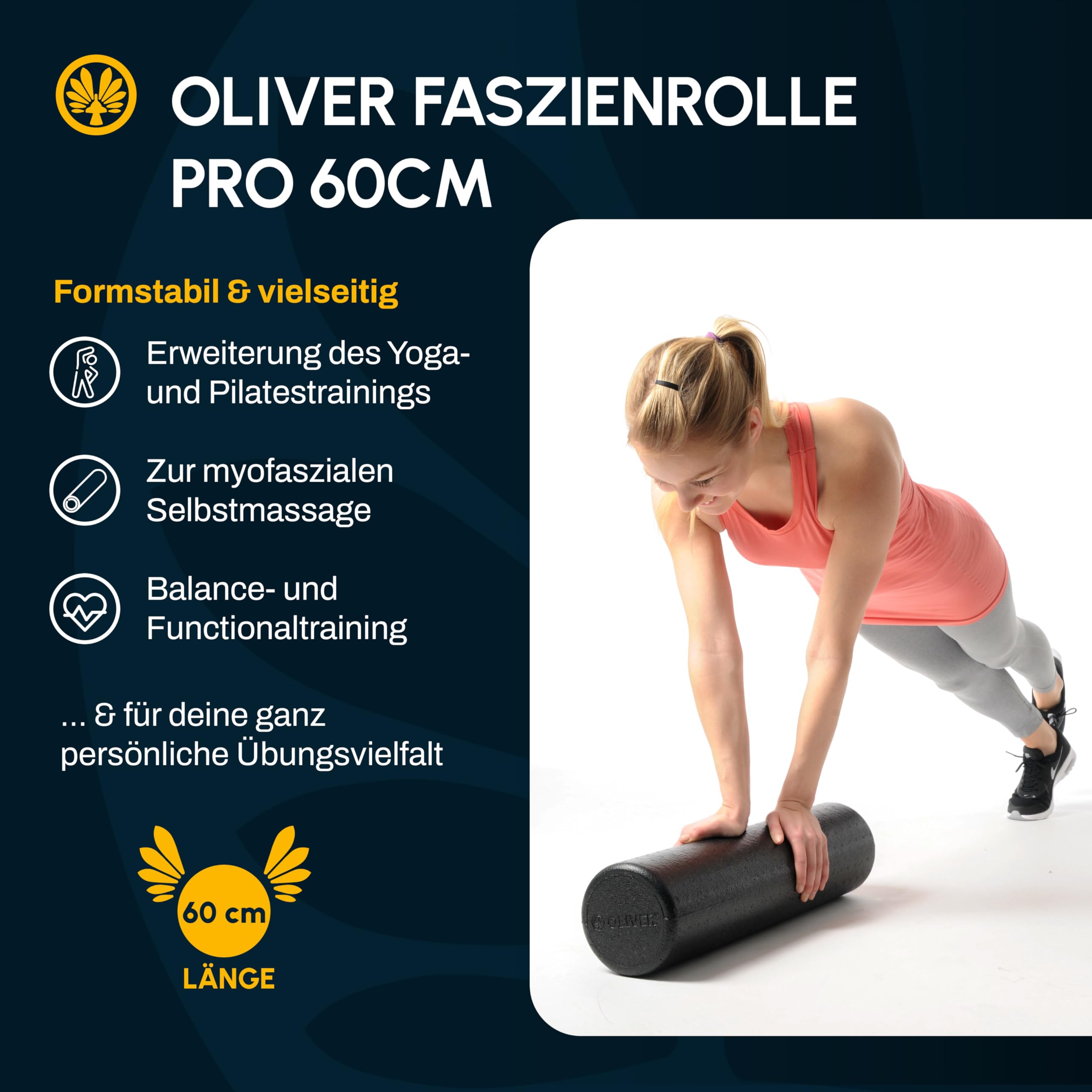 Oliver – Faszienrolle PRO 60cm zur aktiven Behandlung von Muskeln, Verspannungen & Triggerpunkten – Massagerolle für funktionales Training & zur Selbstmassage – Fitnessrolle für Rücken & Beine