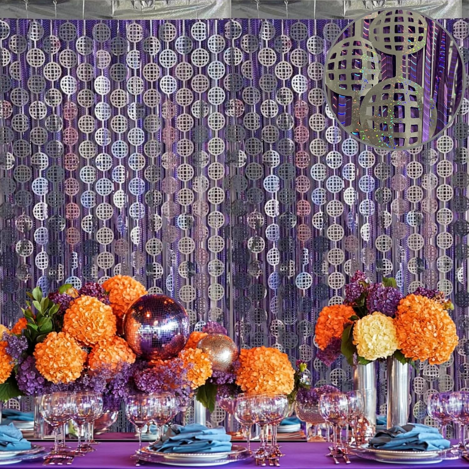 OQOQ Laser Disco Party Decorations Foil Fringe Curtains (4 Pcs) - 3.3x6.6 Ft Purple and Silver Disco Ball Tinsel Curtains for Birthday 80s Bachelorette Taylor Party Decor Photo Booth Backdrop