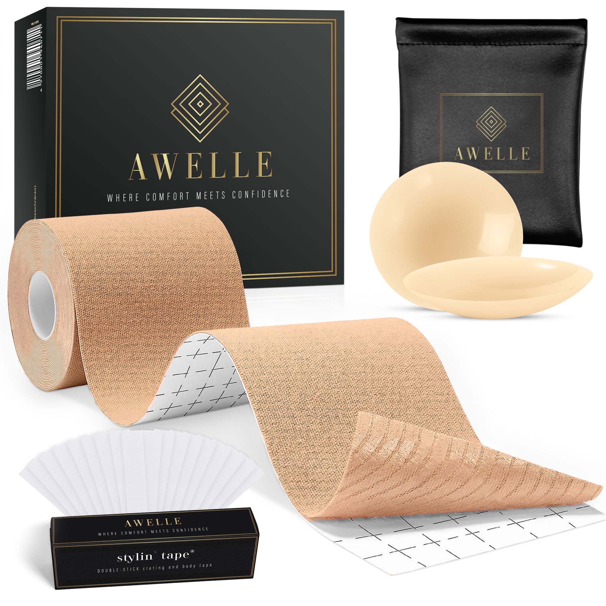 AWELLE Boob Tape Set – taśma na klatce piersiowej bez pleców, z super samoprzylepnymi podkładkami na sutki i 20 paskami, samoprzylepny biustonosz również do dużych piersi