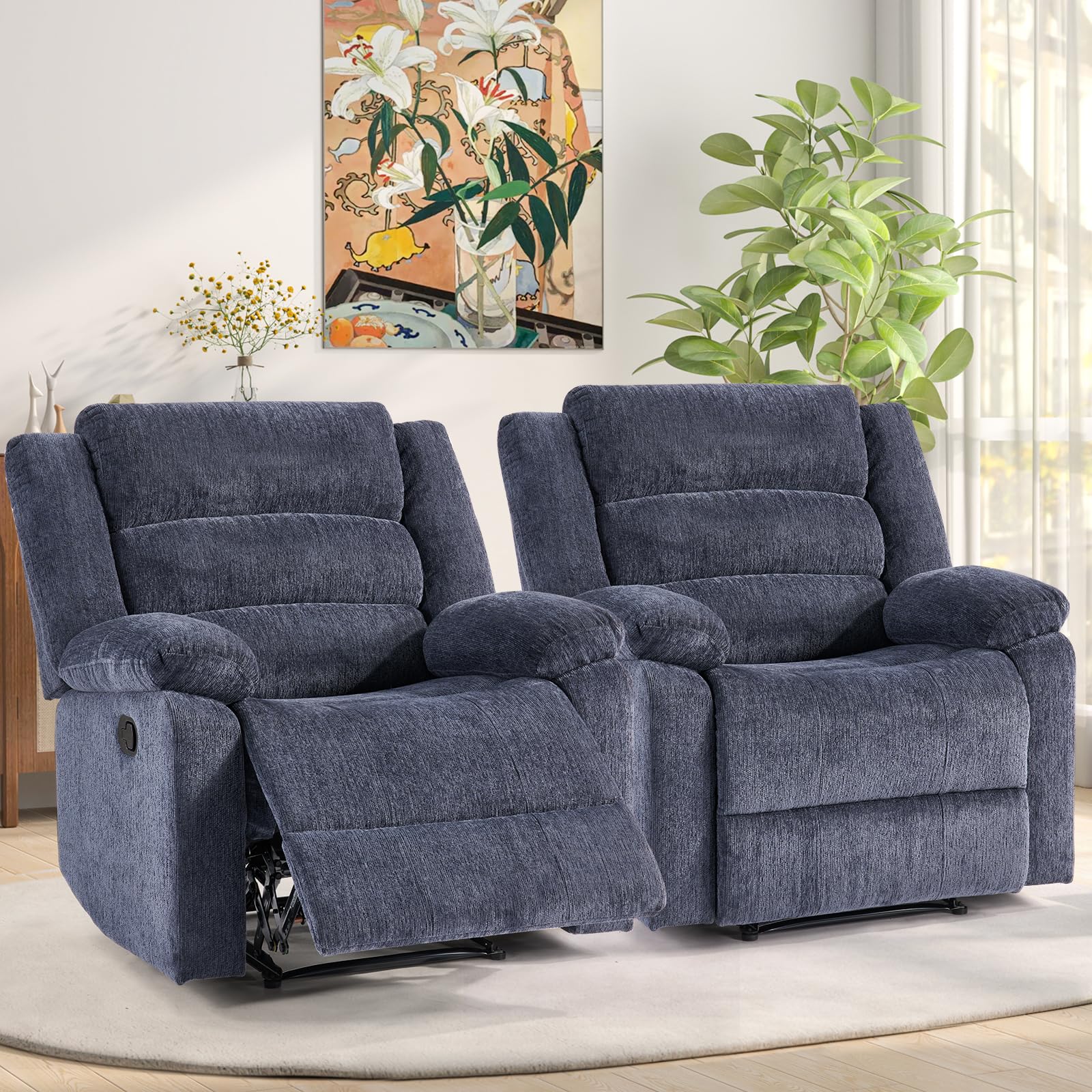 ANJ Overstuffed Manual Recliner Set of 2, Soft Chenille Fabric – Blue
