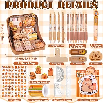 Capybara Pencil Case, Cute Capybara Stationery Set Include Capybara Pencil Case/Capybara Pens/Stickers/Keyring/Sticky Notes/Rulers, Large Capacity Multi-Layer Case for Kids Students Gifts