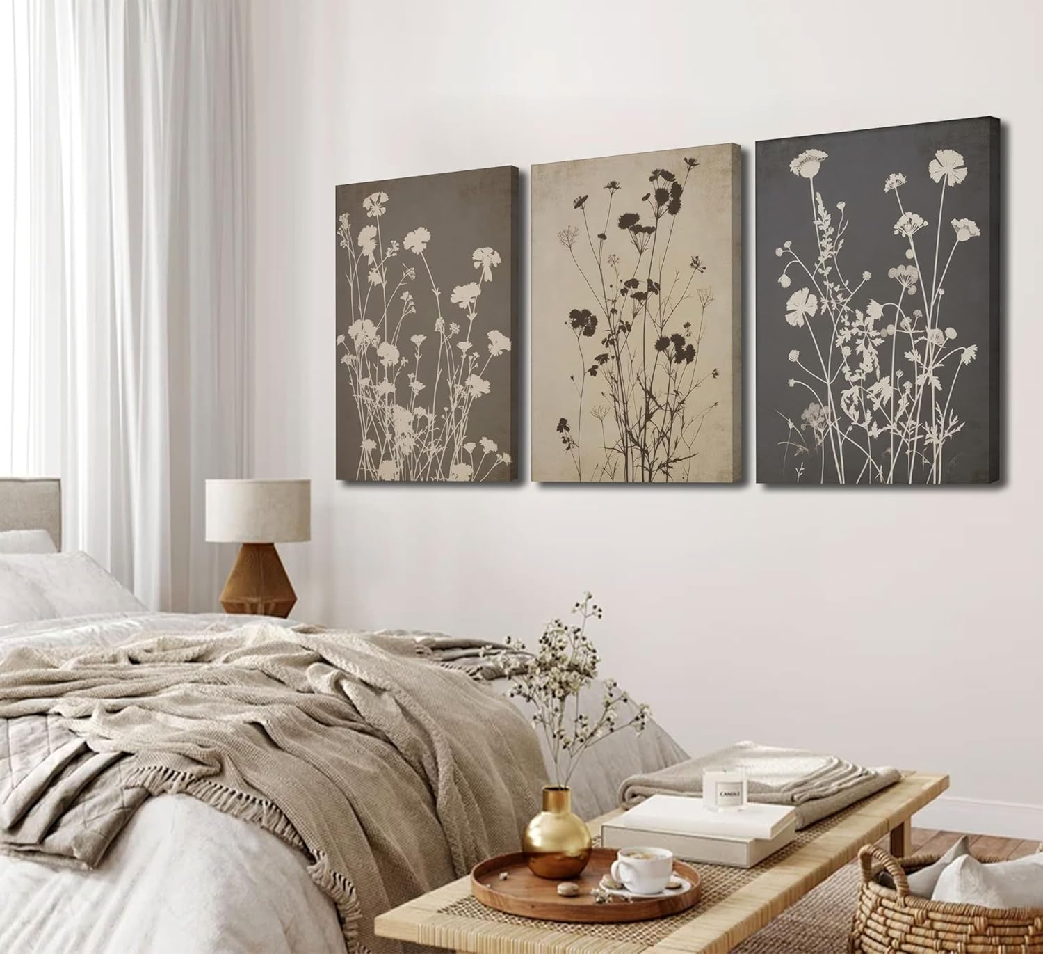 3Pcs Moody Floral Canvas Wall Art Vintage Flower Poster Print Dark Wildflower Painting Farmhouse Botanical Picture Wall Decor for Living Room Bedroom Office 12x16in Framed - Image 3