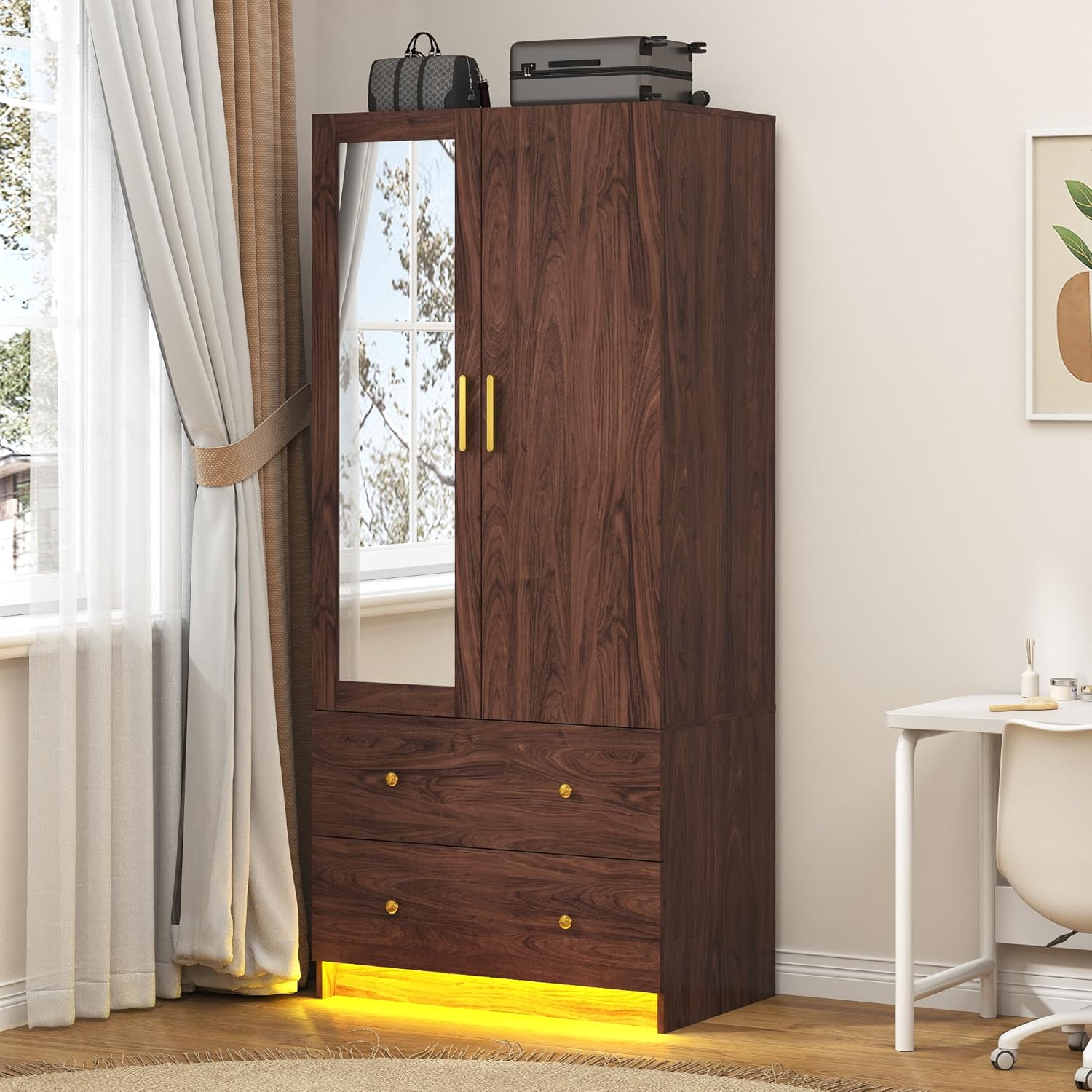 jiteentarou 2 Door Wardrobe Closet with Mirrors and LED Lights, Small Bedroom Armoire with Drawers, Modern Wooden Armoire Wardrobe Closet with Hanging Rod for Bedroom, Brown