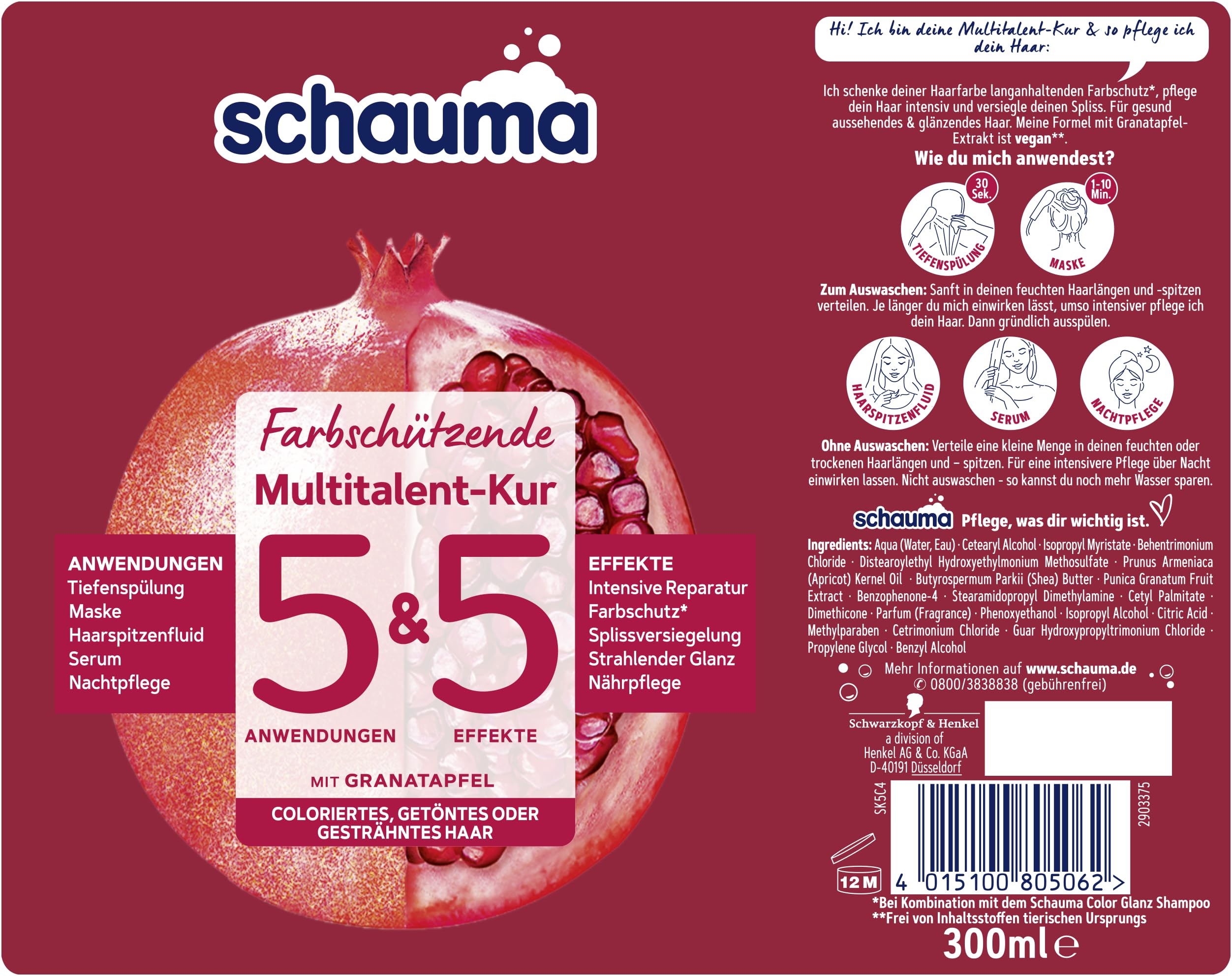 SCHAUMA 5&5 Lot de 6 flacons de 300 ml de soin multi-talents pour cheveux colorés, teints ou méchés
