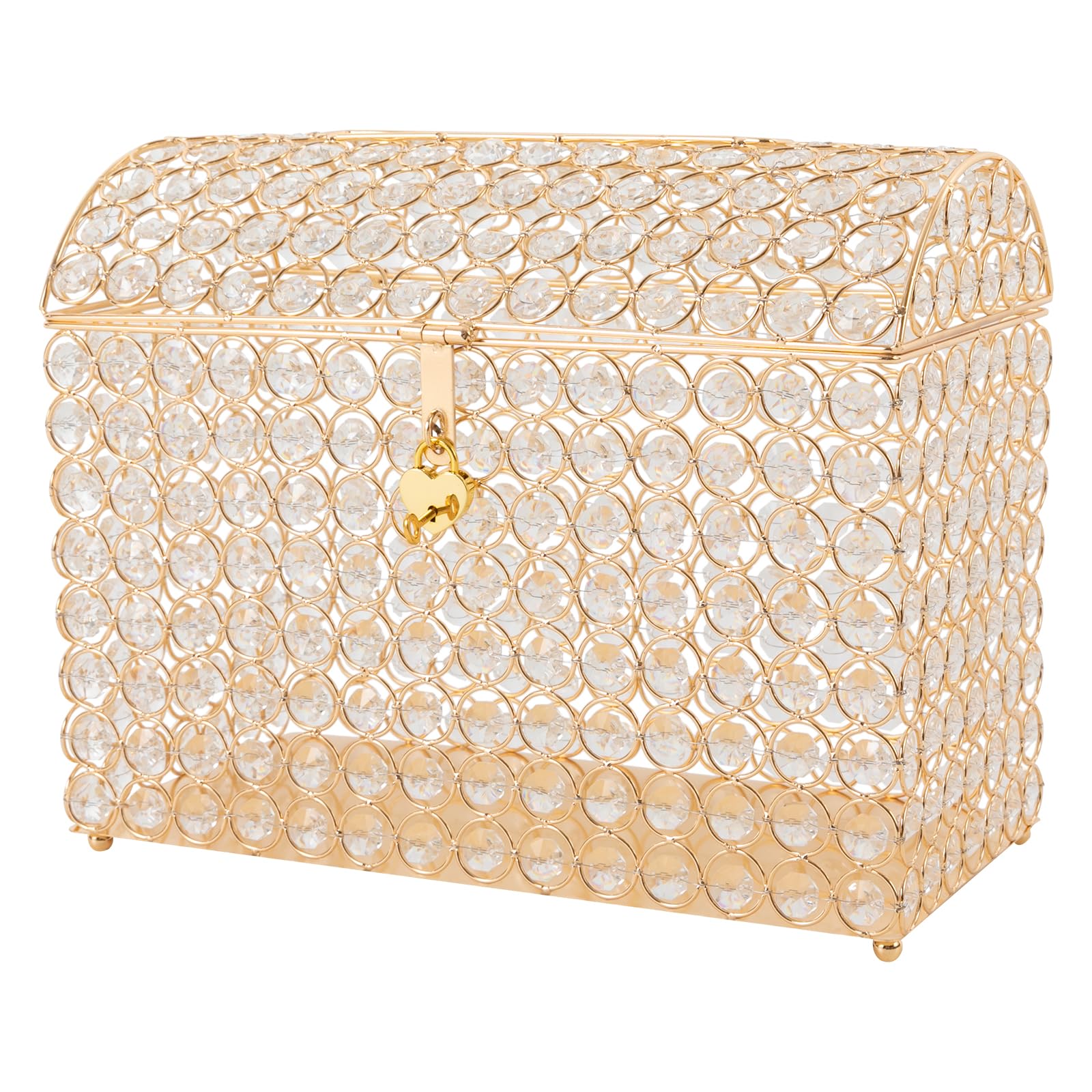 NeNchengLi Crystal Wedding Card Box With Heart Lock, Gold Crystal Treasure Chest Money Card Gift Decorative Memory Box for Wedding Birthday Graduation