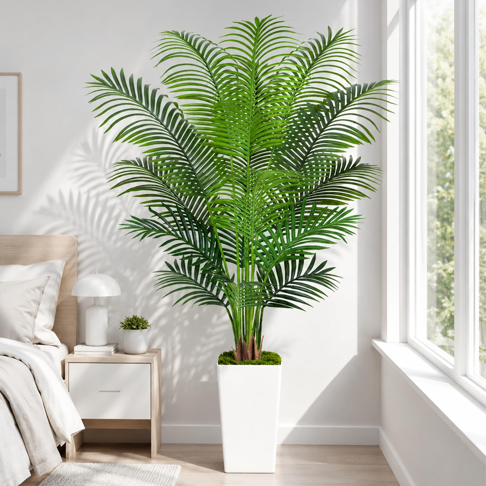 Palmier Artificiel de 1,8 m avec Pot Blanc – Grand Faux Palmier Tropical en Pot avec véritable écorce pour la Maison, Le Bureau, Le Salon, la Chambre, la Ferme et la décoration Moderne
