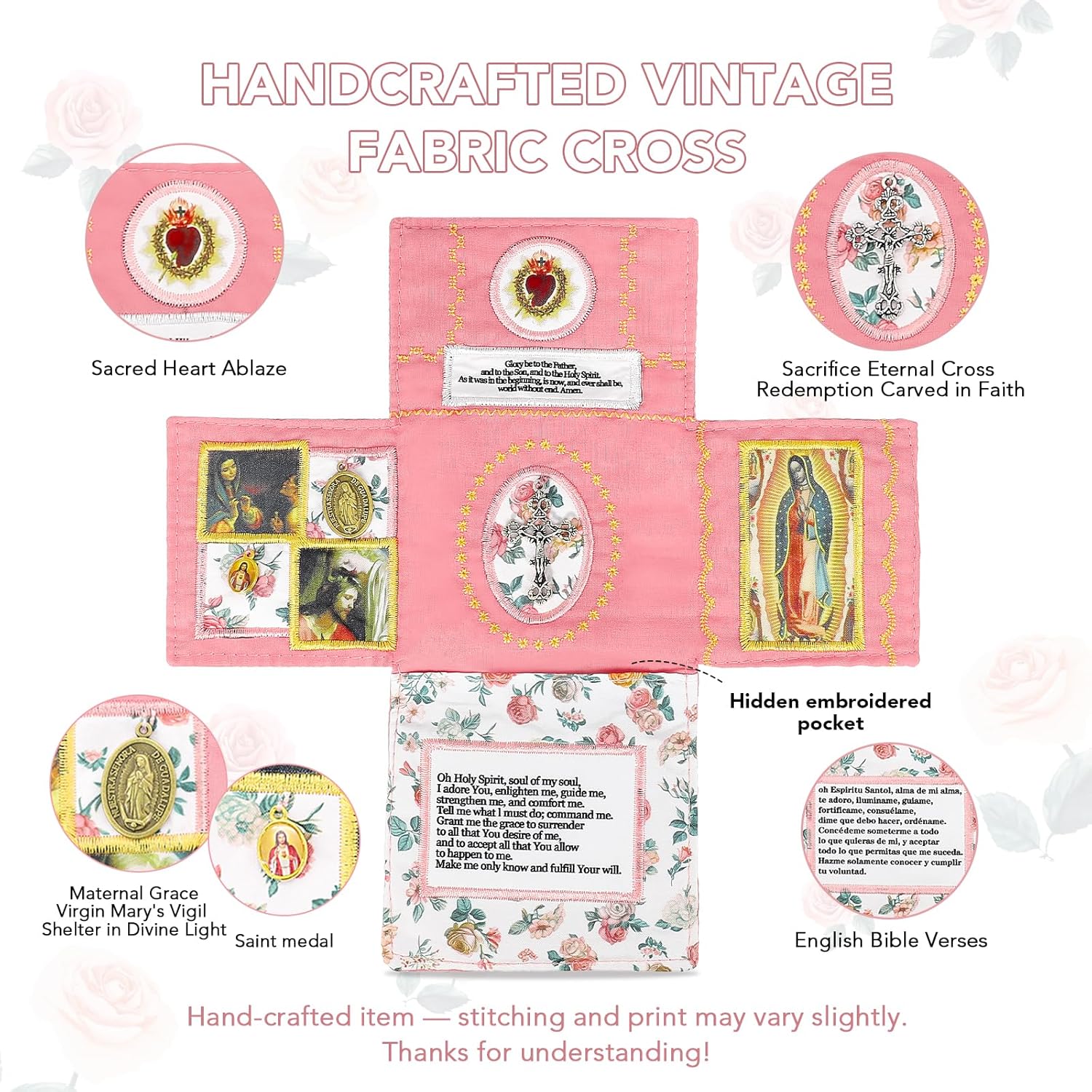 Onism 3Pcs Handcrafted Pocket Devotional Catholic, Catholic Travel Prayer Kit with Cross, Prayer Quilt with Cross Inside Included, Handmade Christian Gift for Daily Devotion (Pink, English)