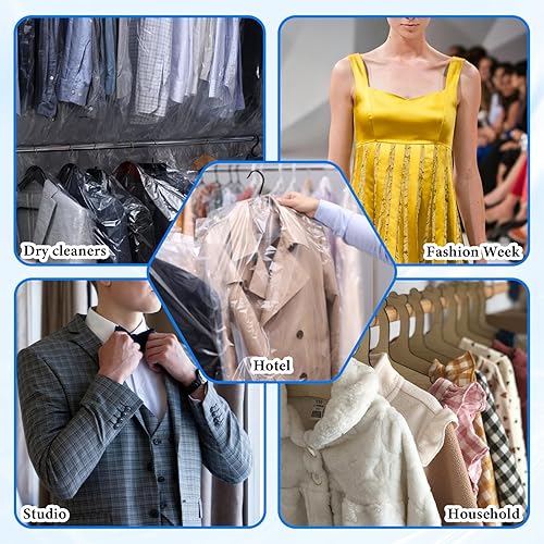 Miniatura 7 de Paquete de 100 bolsas de plástico para limpieza en seco de 23.6 x 35.4 pulgadas, bolsas de ropa para colgar ropa, cubiertas transparentes para