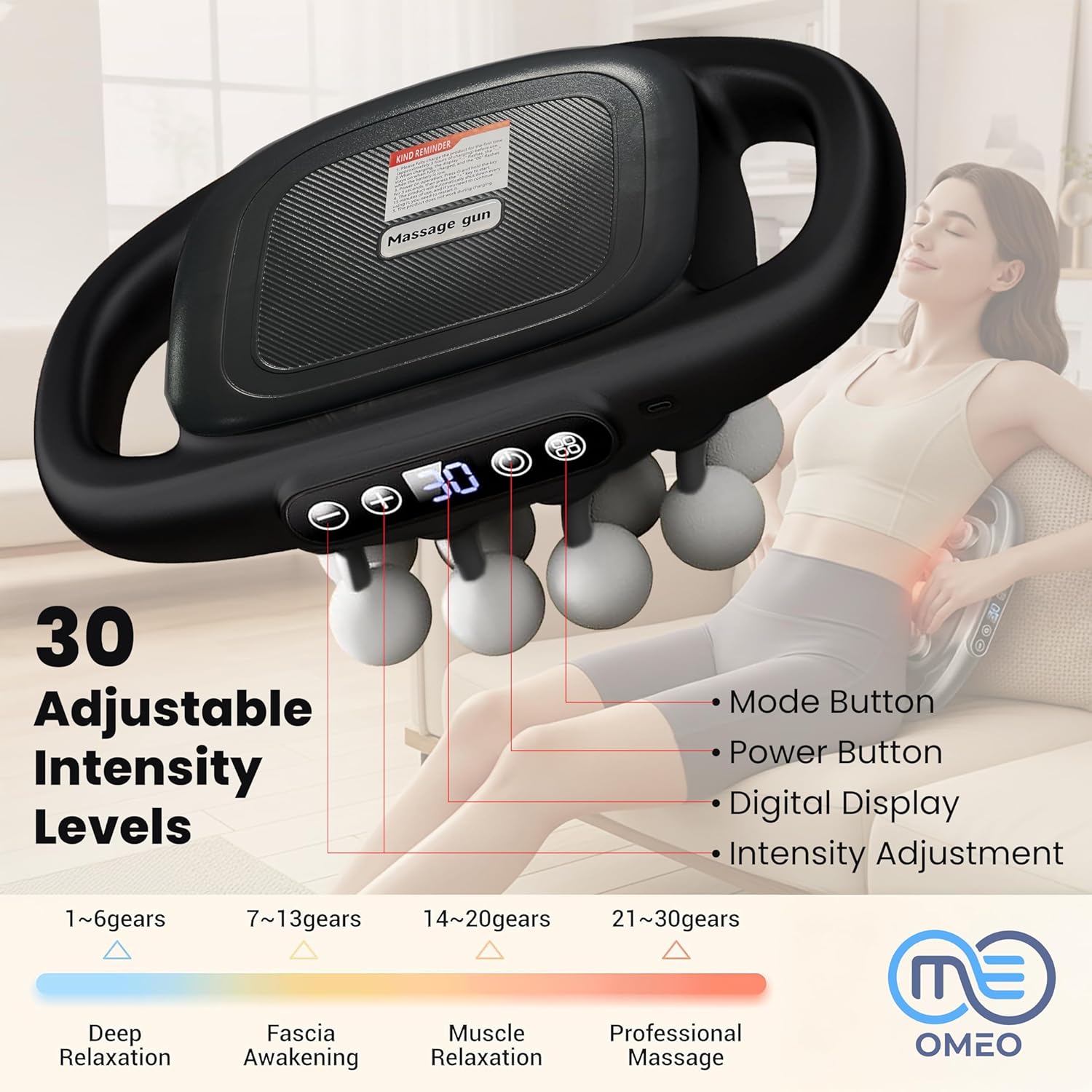 OMEO 16-Head Deep Tissue Massage Gun – Professional Percussion Massager with 30 Intensities & Quiet Motor | Portable Muscle Massager for Pain Relief, Neck, Back, Shoulders & Legs (Black) - Image 2