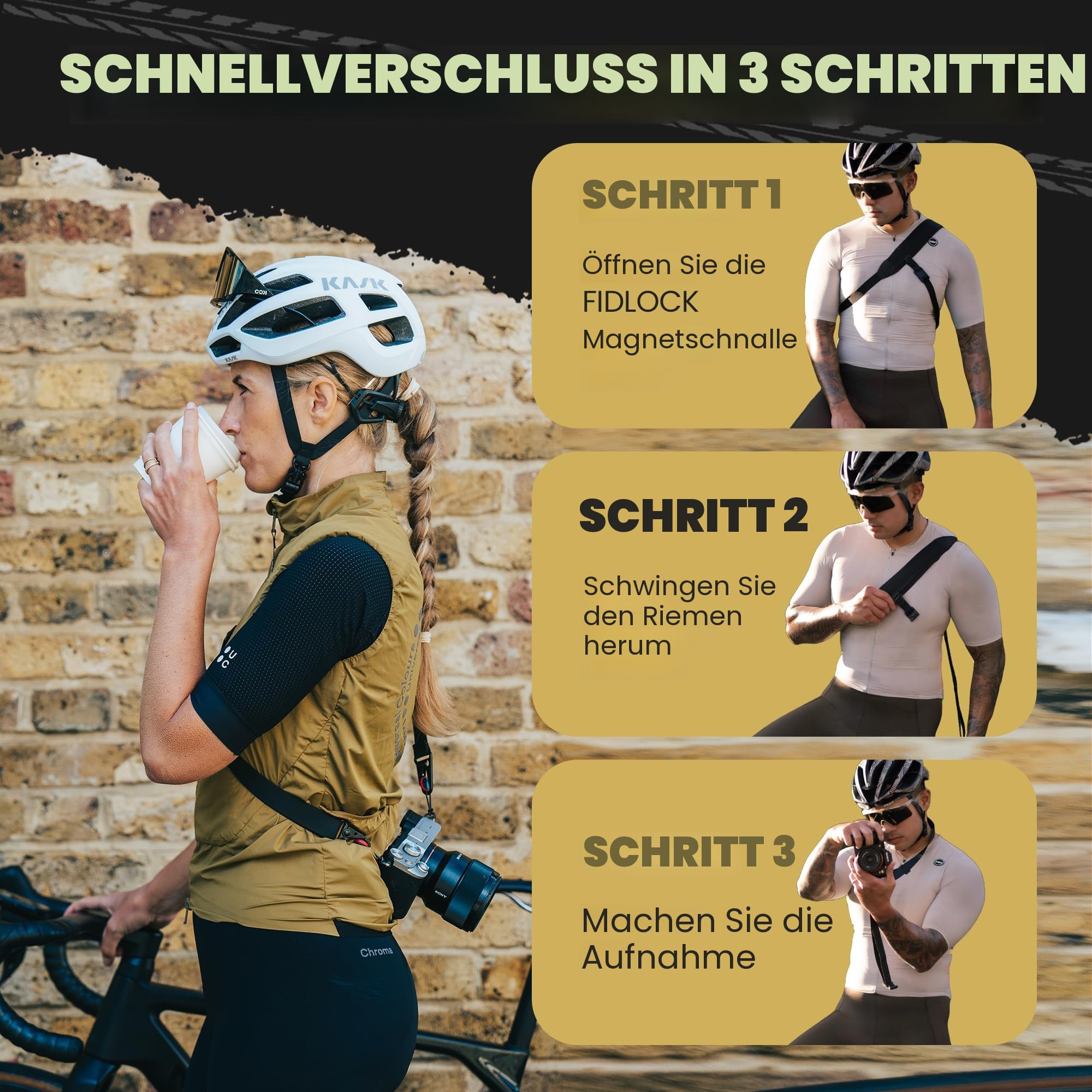 Lumiere & Co. Fidlock Magnetischer 3-Punkt-Kameragurt, magnetische Befestigung für schnelles An- und Ausziehen beim Radfahren
