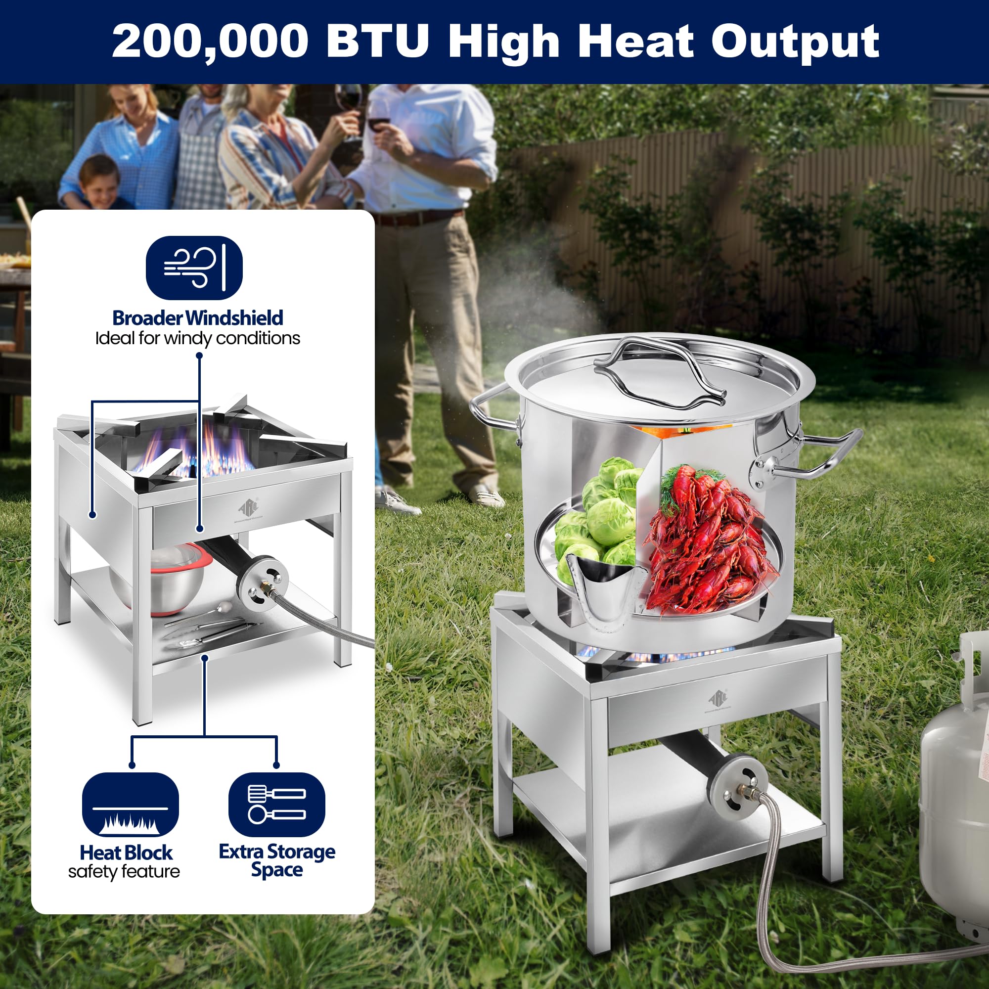 ARC 52QT Stainless Steel Steamer Pot with Propane Burner for Outdoor Cooking - Large Pot with Water Spout, Divider and Steamer Rack