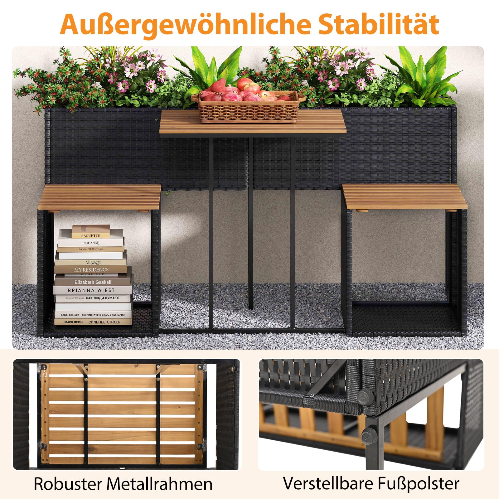 COSTWAY Gartenmöbel Set mit Hochbeet (Schwarz) | Kräuterbeet mit integrierten Stühlen, Balkonset, Balkonmöbel, Sitzgarnitur, Sitzgruppe für Garten, Balkon, Terrasse
