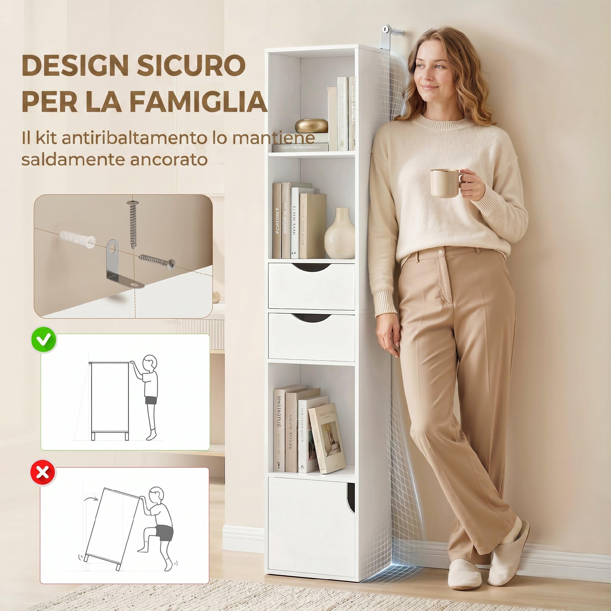 HOMCOM Libreria Scaffale Slim a 3 Ripiani Aperti, 30x24x158 cm Bianco | Cassetti, Libreria Verticale Salvaspazio, Mobile Portaoggetti con Ante e Ripiano Regolabile, Soggiorno Studio Ufficio