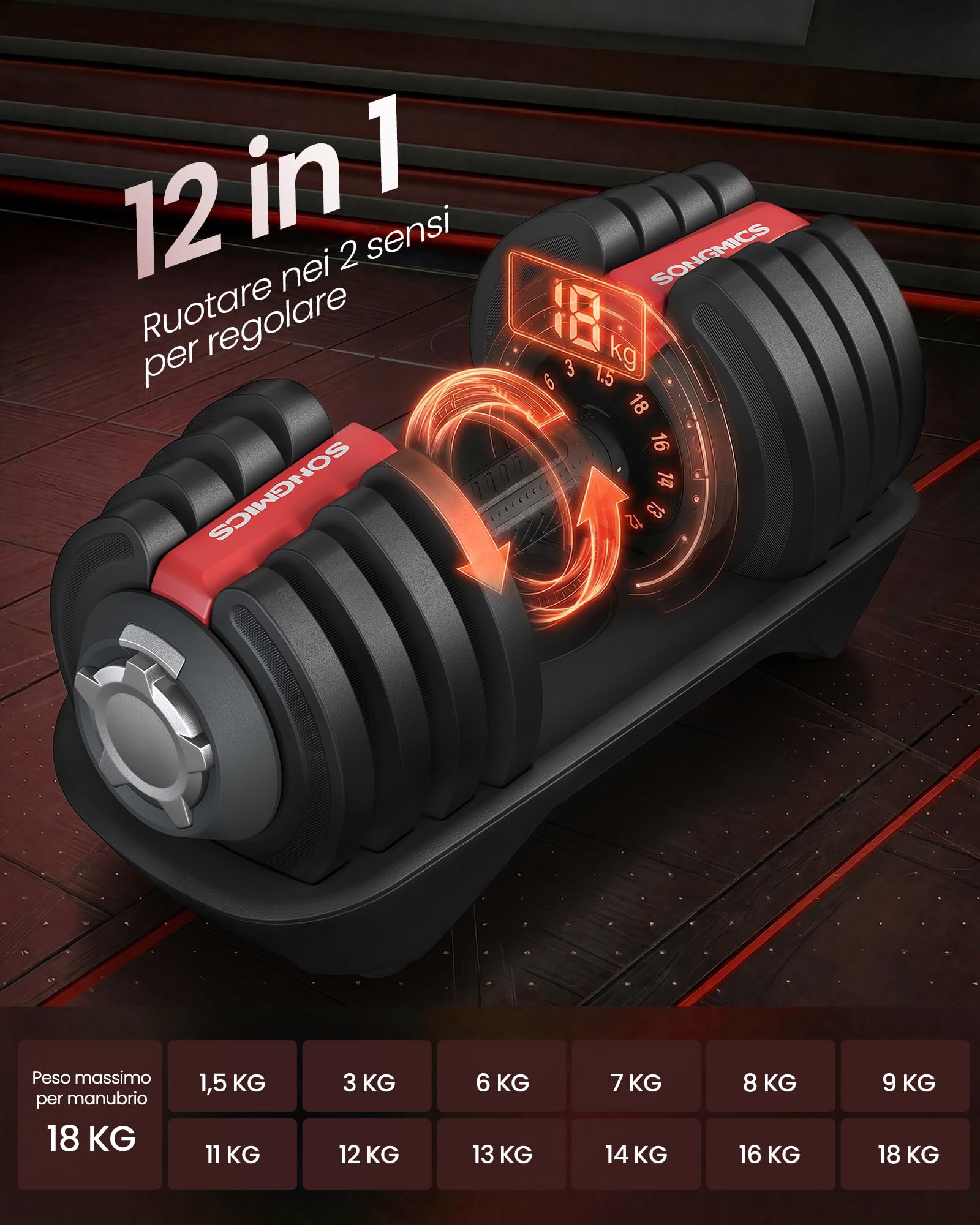 SONGMICS Set da 2 Manubri Regolabili 12 in 1, Compatto, Impugnatura Antiscivolo, Basi di Appoggio, Fitness e Allenamento di Forza a Casa