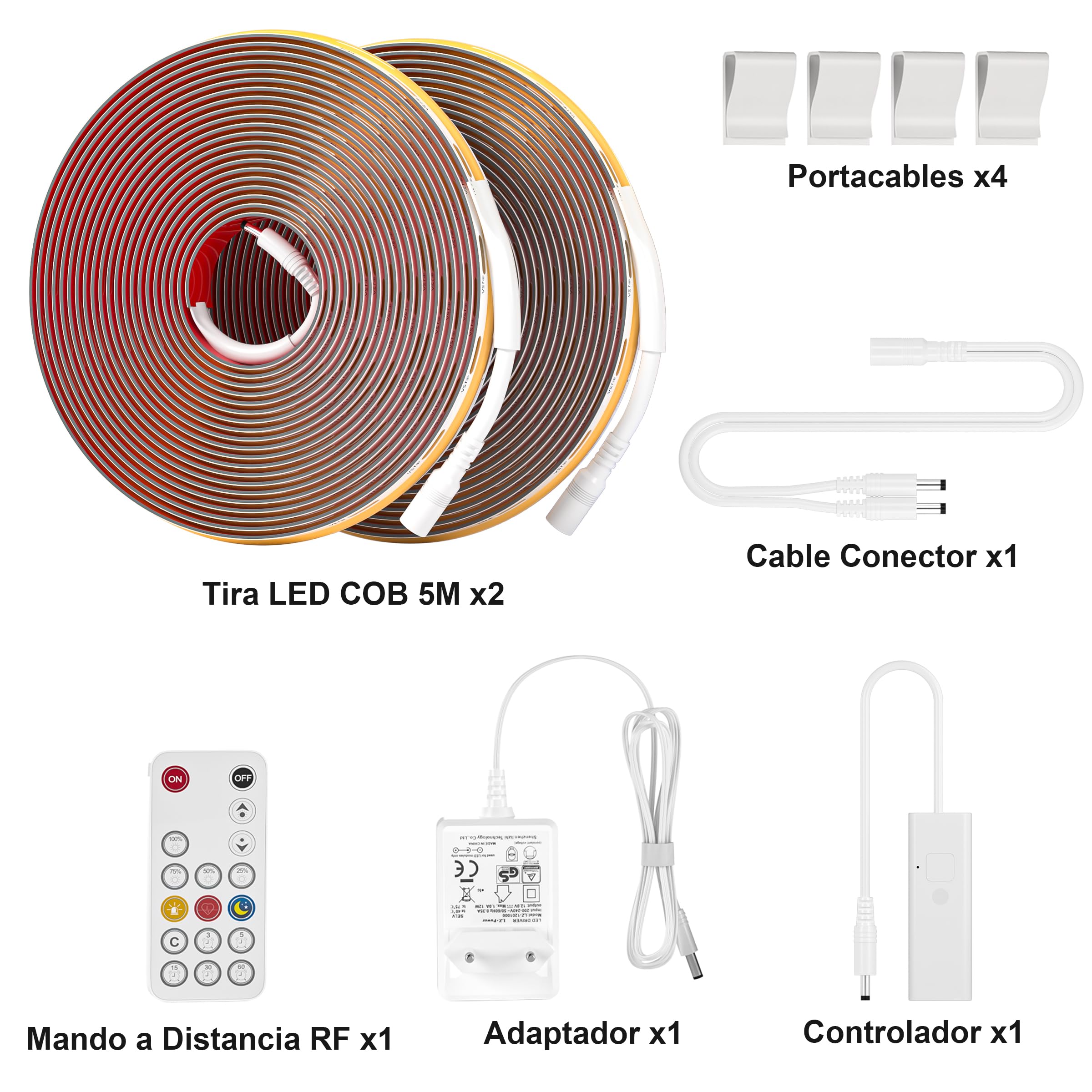 WOBANE Striscia LED COB 10 m 24 V, striscia LED dimmerabile con comando CRI 90+, strisce LED ad alta luminosità adesive con spina per cucina, camera da letto, scale, soggiorno, soffitto, bianco caldo