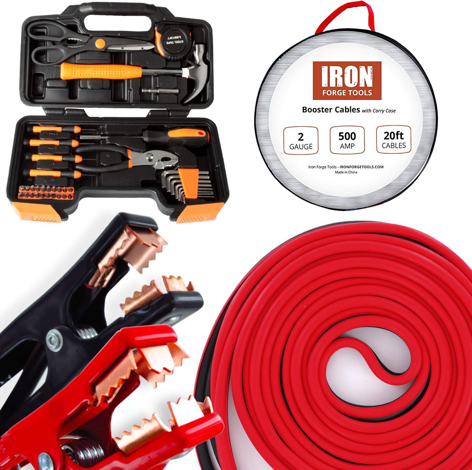 Orange 39 Piece Tool Box Kit - Small Basic Home Tool Set - Great for College Students, Household Use & More (Auto Kit: 6 Gauge Booster Cable with Tool Set)