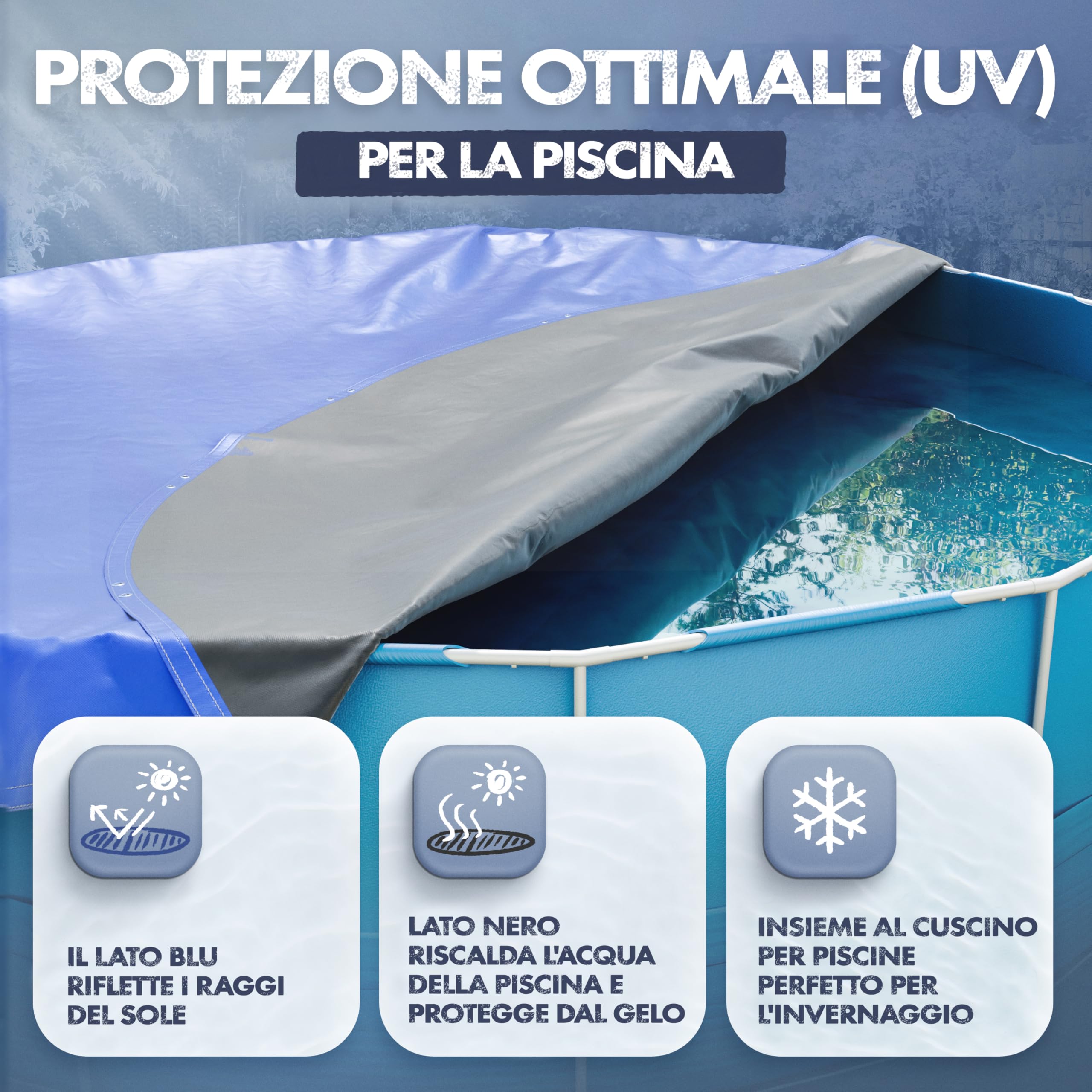 Copertura per piscina 320-366 cm (Ø 420 cm), 200 g/m², Adatto per Intex | Telo spesso blu/nero con materiale di fissaggio, adatto per piscine Intex e Bestway, diametro