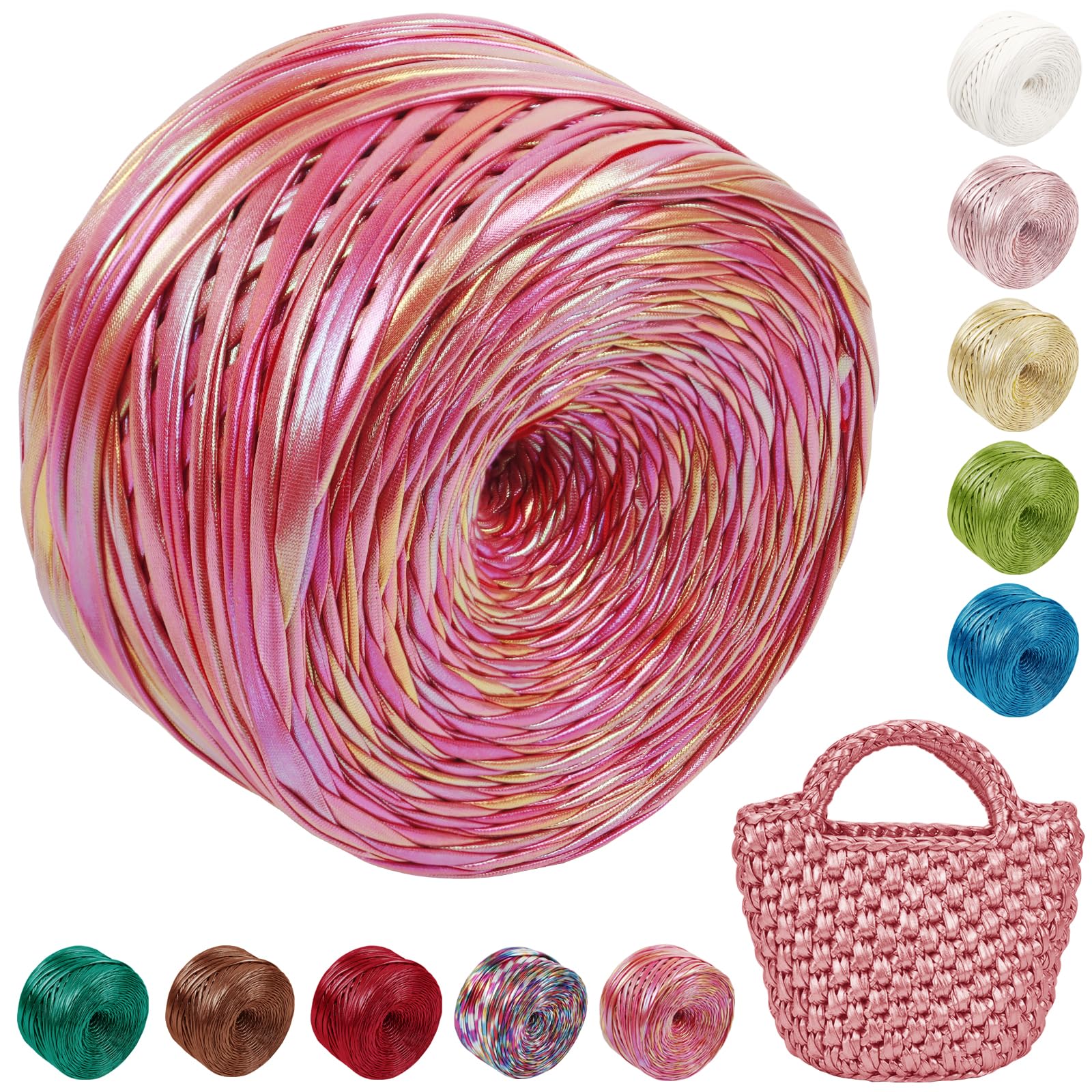 Uiopa Metallic T Shirt Yarn for Crocheting, 300g/90m Polyester Elastic Tshirt Yarn Single-Side Thick Fabric Cloth Ribbon for Crochet Bags, Baskets, Home Decor, DIY Crafts (Gradient-Pink)