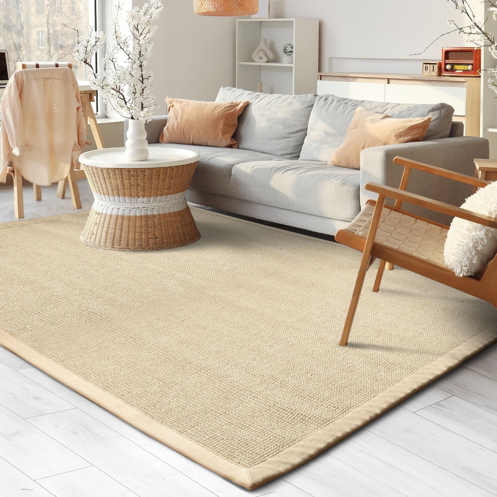KARAT Bombay Tapis 200 x 200 cm, en sisal Naturelle avec Dos antidérapant, Bordure en Coton, Tapis décoratif élégant et Durable pour Salon, Chambre, Couloir ou Bureau – Protection de Sol écologique